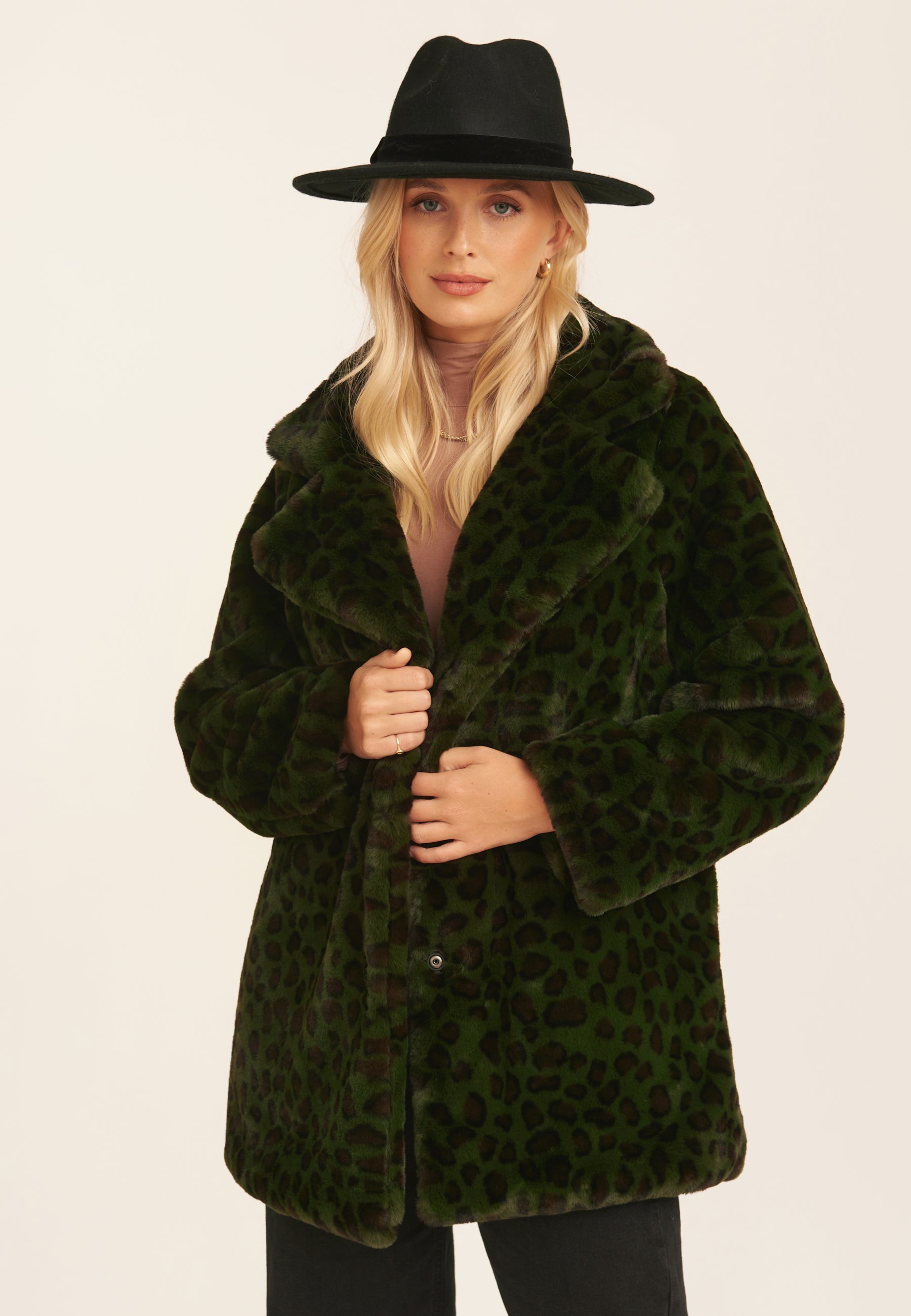 Khaki Leopard Print Faux Fur Coat Jacket