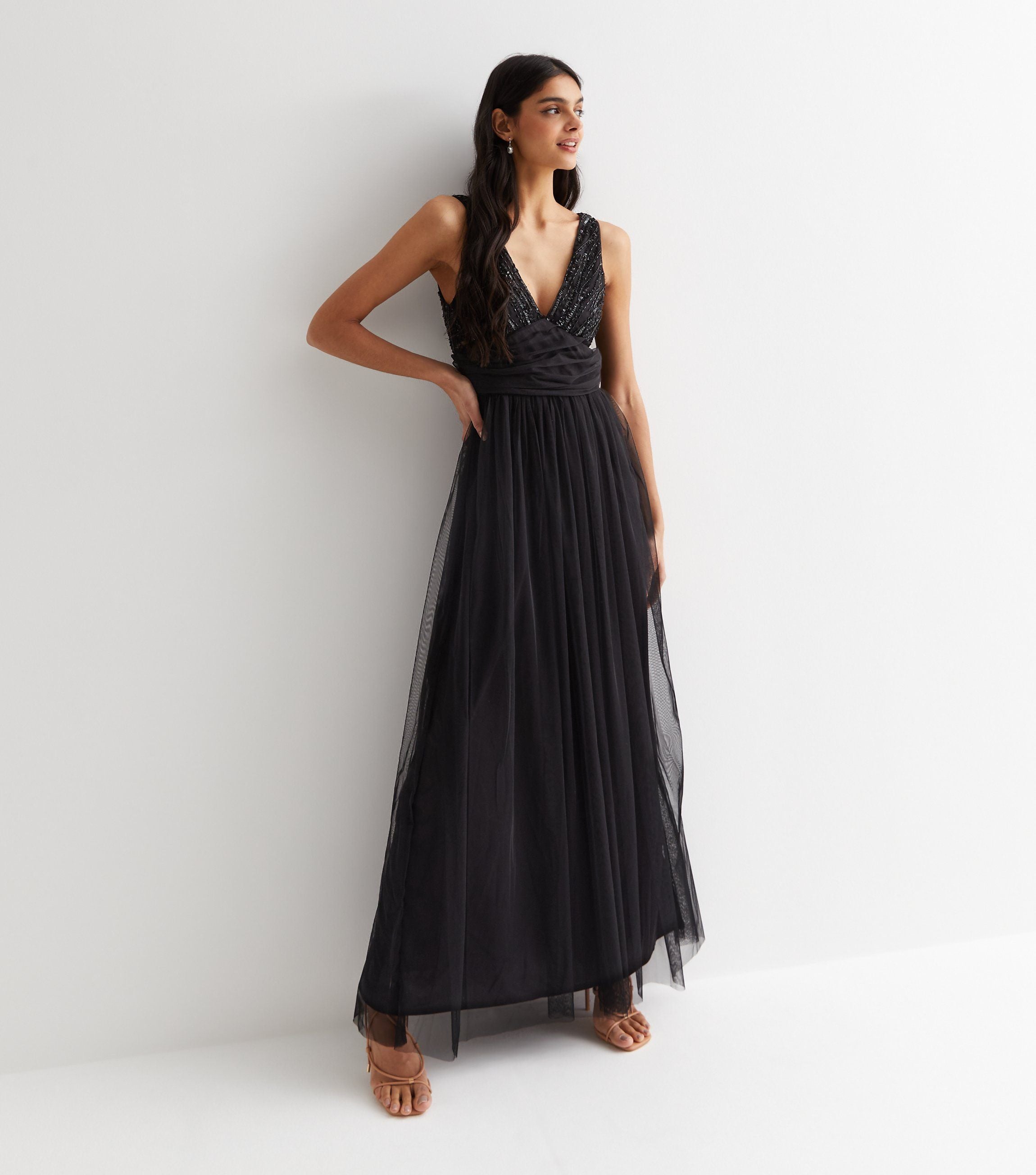 Black V neck Beaded Maxi Dress