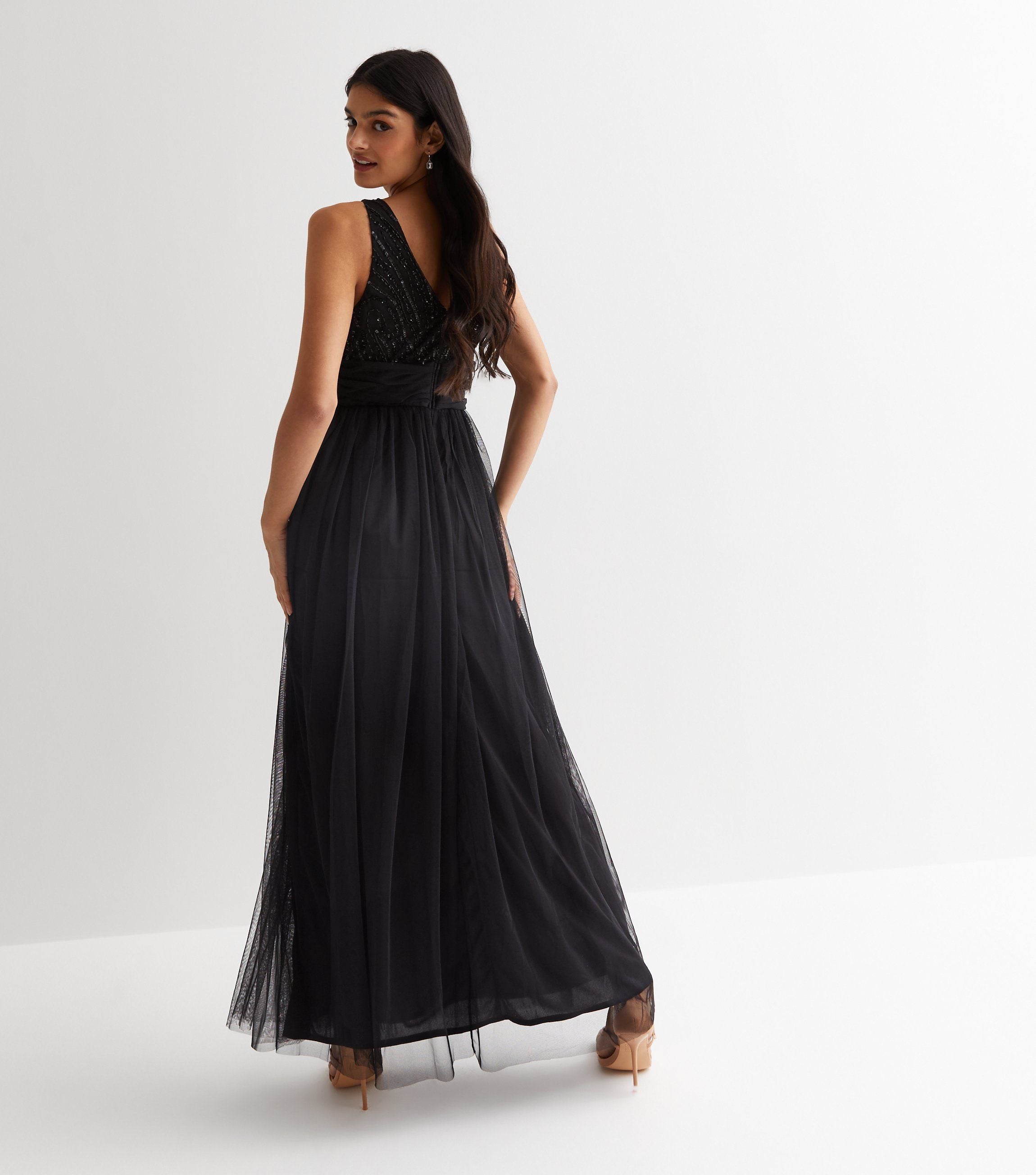 Black V neck Beaded Maxi Dress