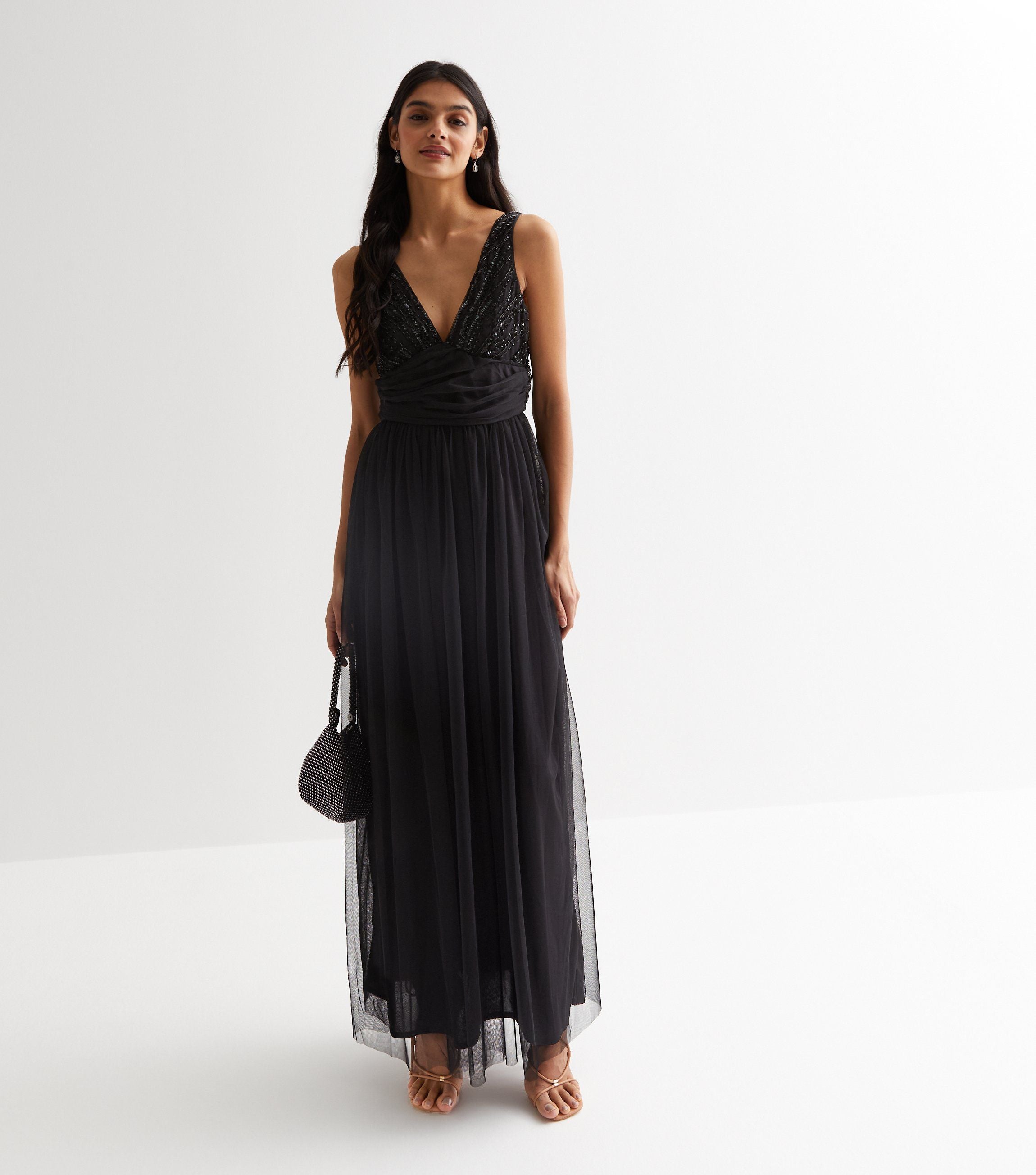 Black V neck Beaded Maxi Dress