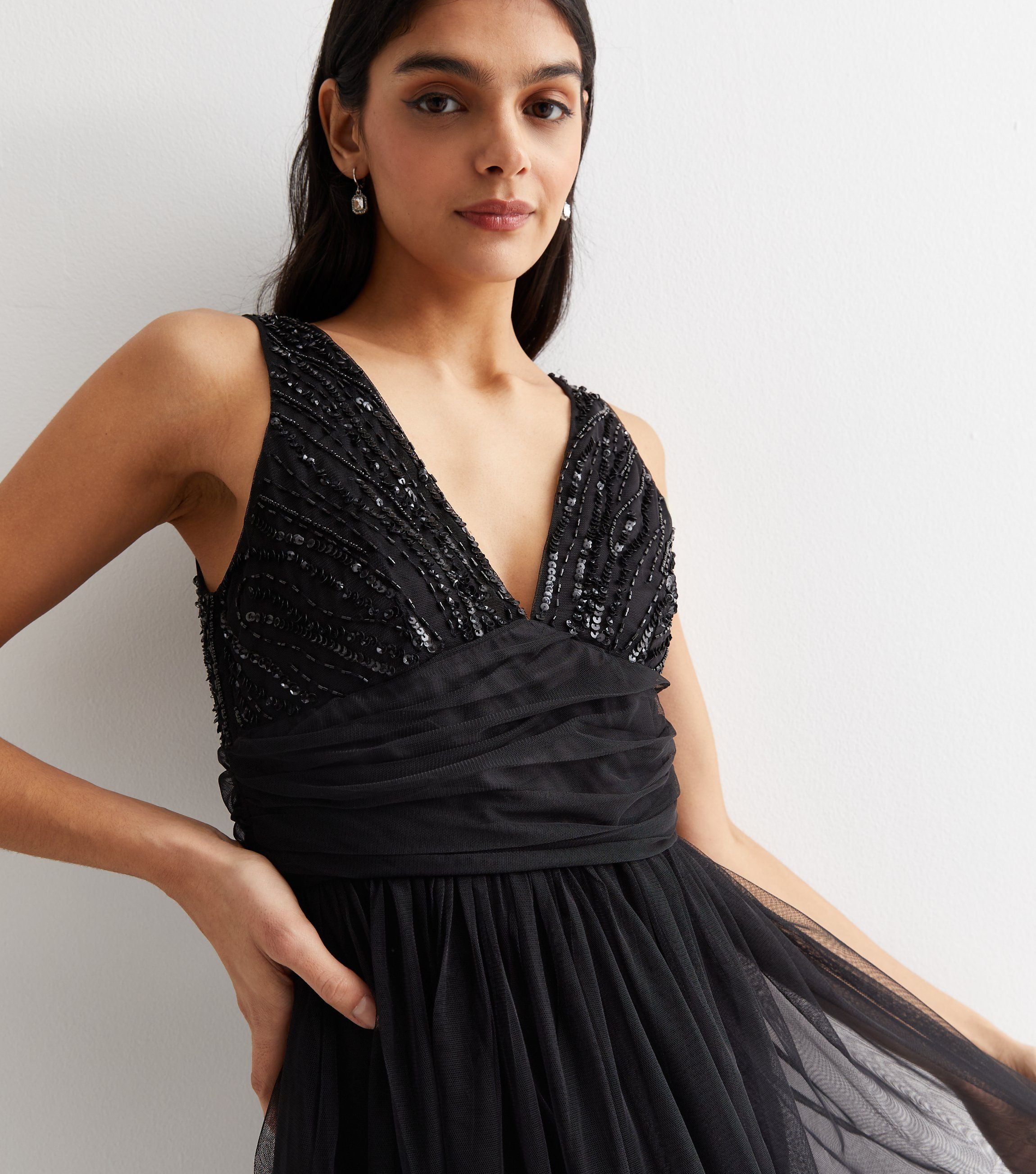 Black V neck Beaded Maxi Dress