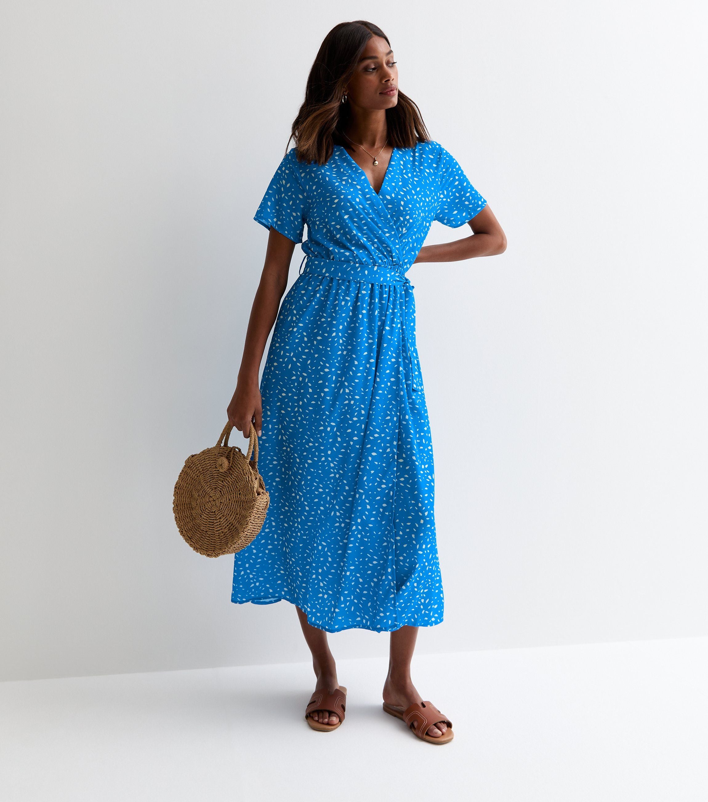 Blue Animal Print Wrap Midi Dress
