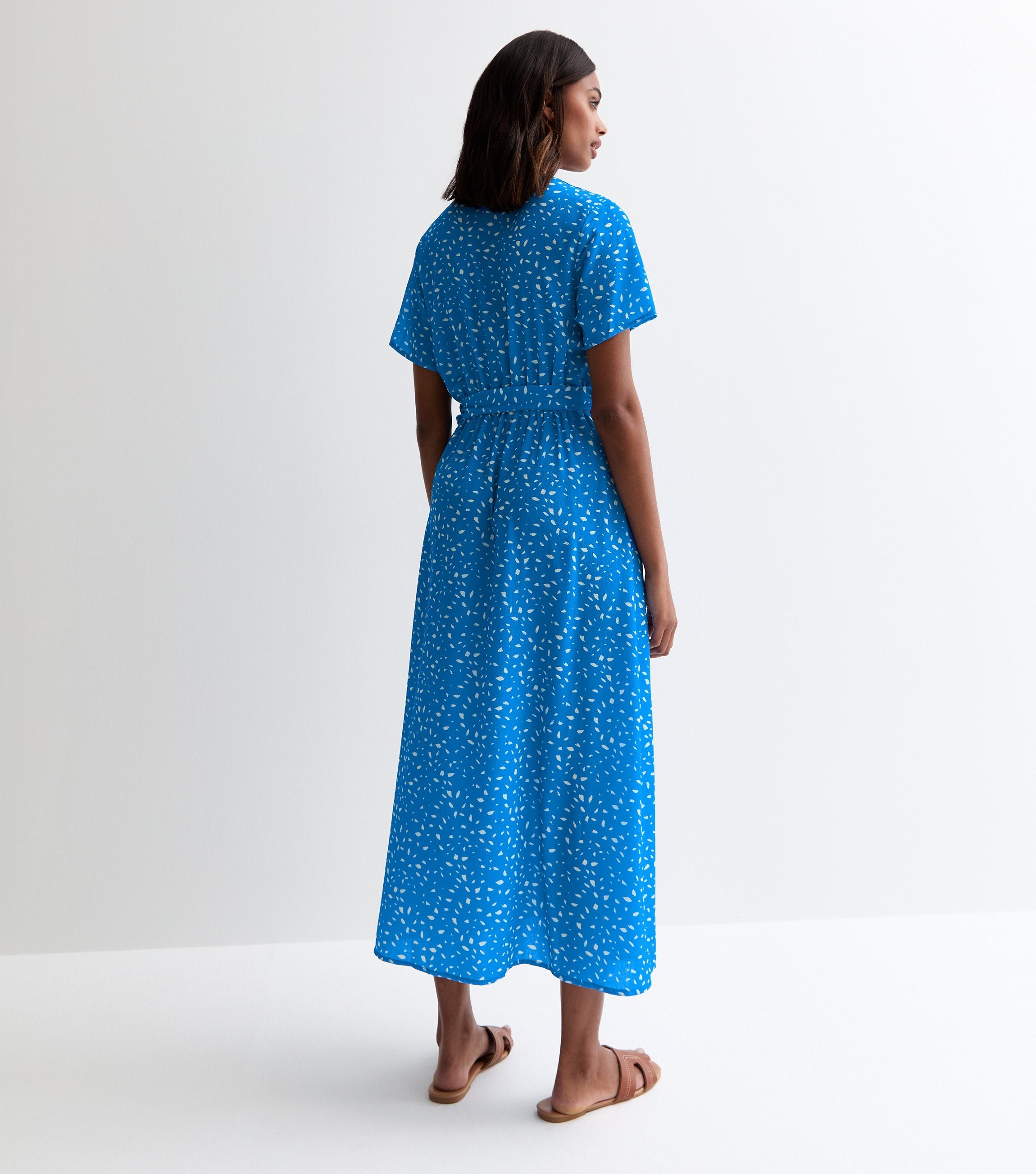 Blue Animal Print Wrap Midi Dress