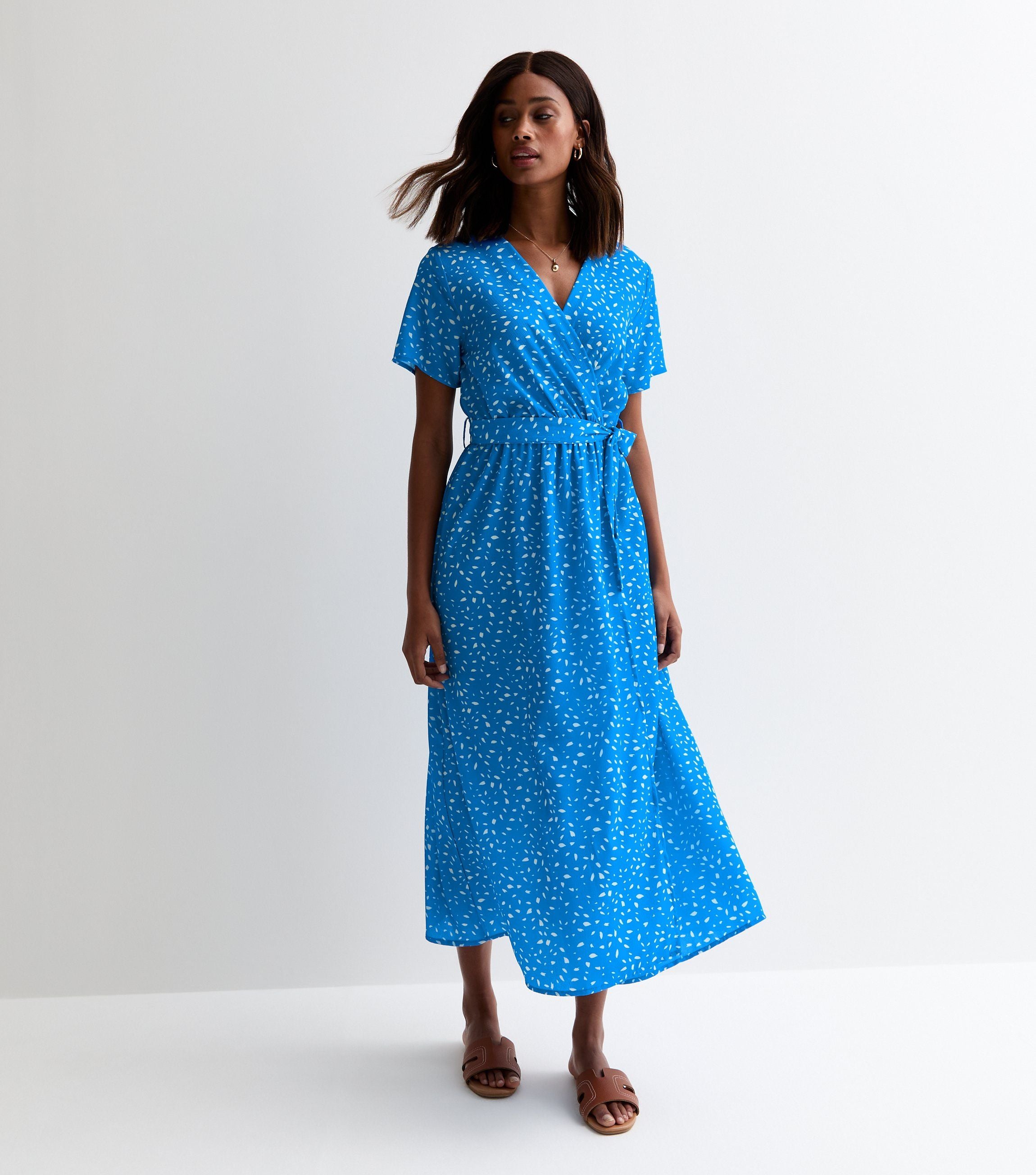 Blue Animal Print Wrap Midi Dress
