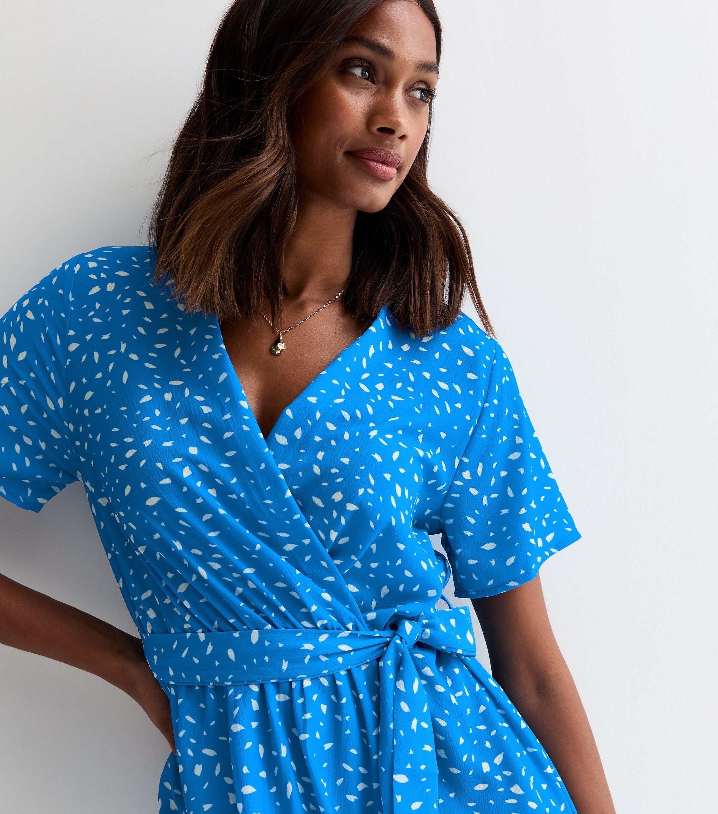 Blue Animal Print Wrap Midi Dress
