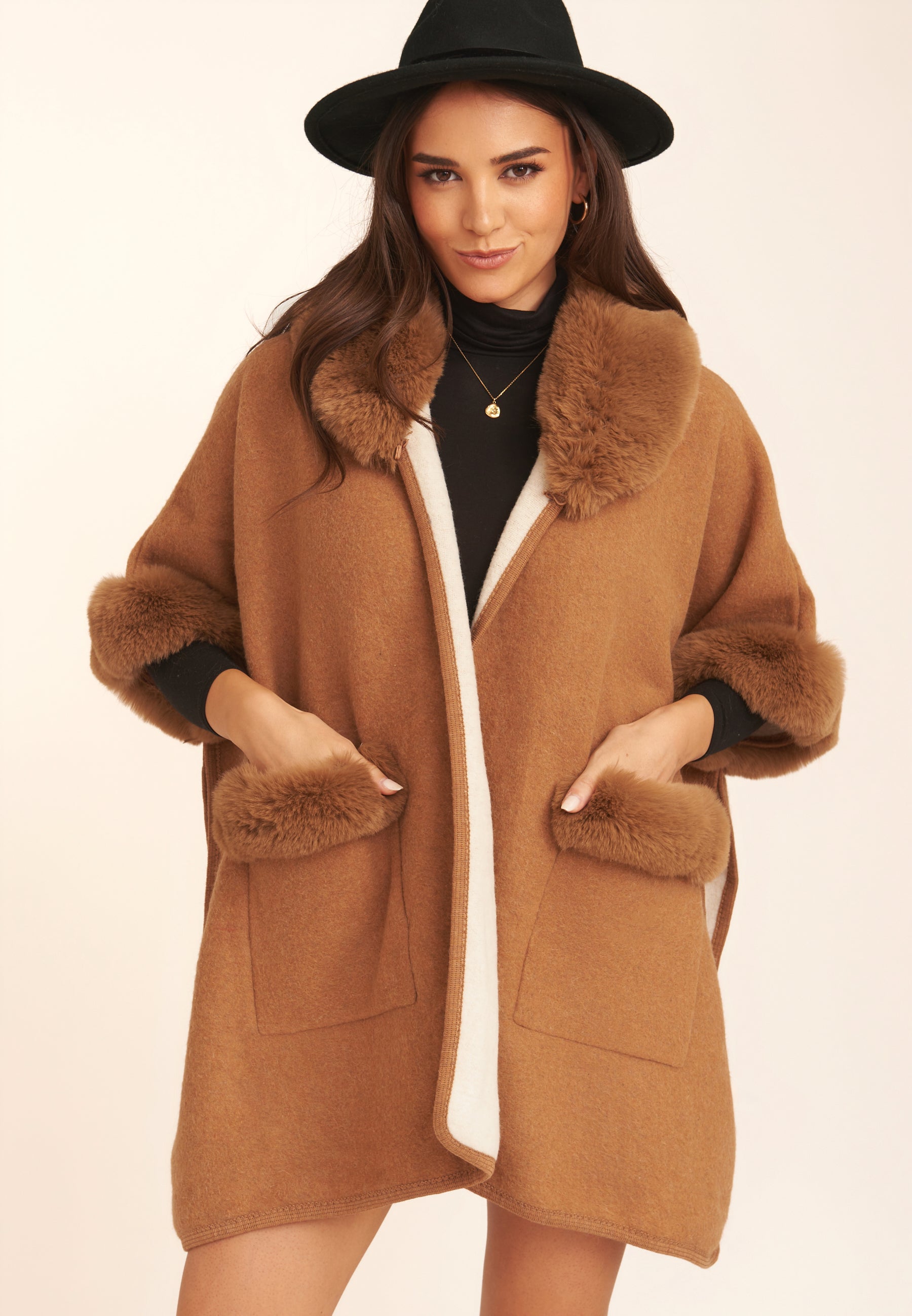 Tan Fur Collar Pocket Detail Poncho