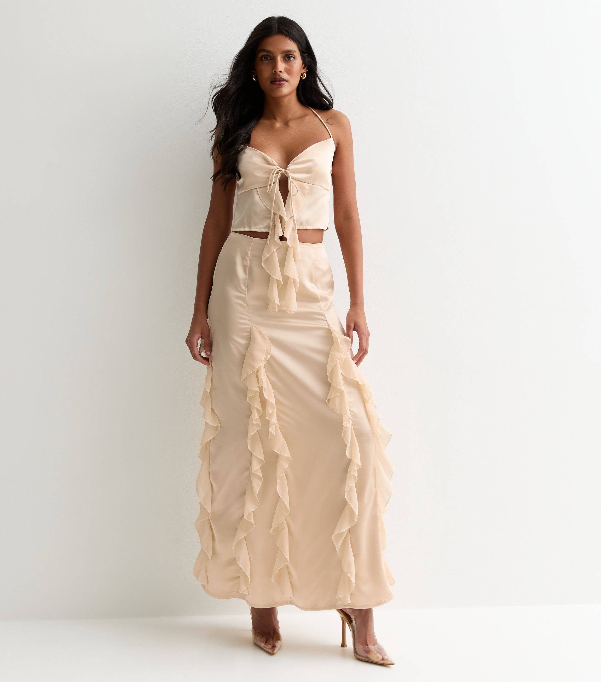 Champagne Satin Ruffle Maxi Skirt