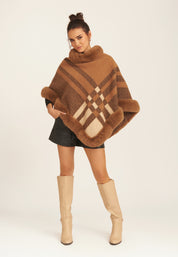 Camel Fur Trim Check Pattern Cape