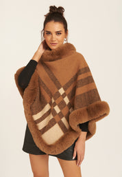 Camel Fur Trim Check Pattern Cape