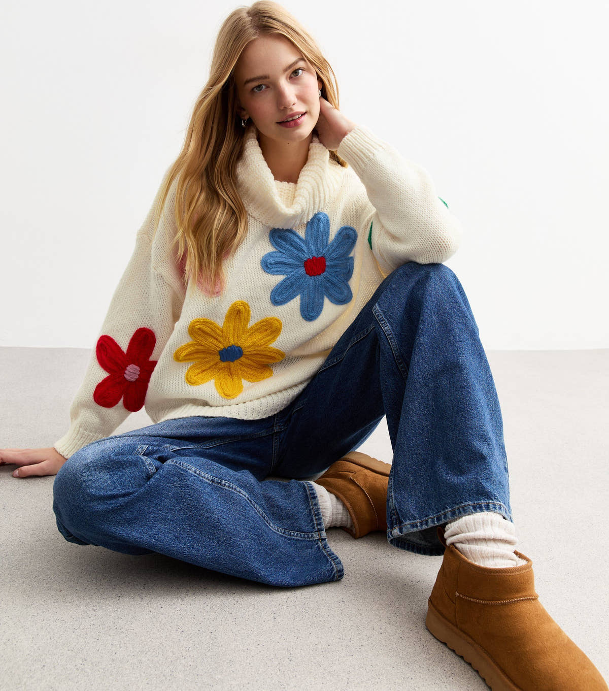 Cream Contrast Floral Patch Oversized Knit Jum