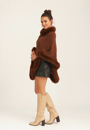 Brown Fur Trim Knit Cape