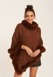 Brown Fur Trim Knit Cape