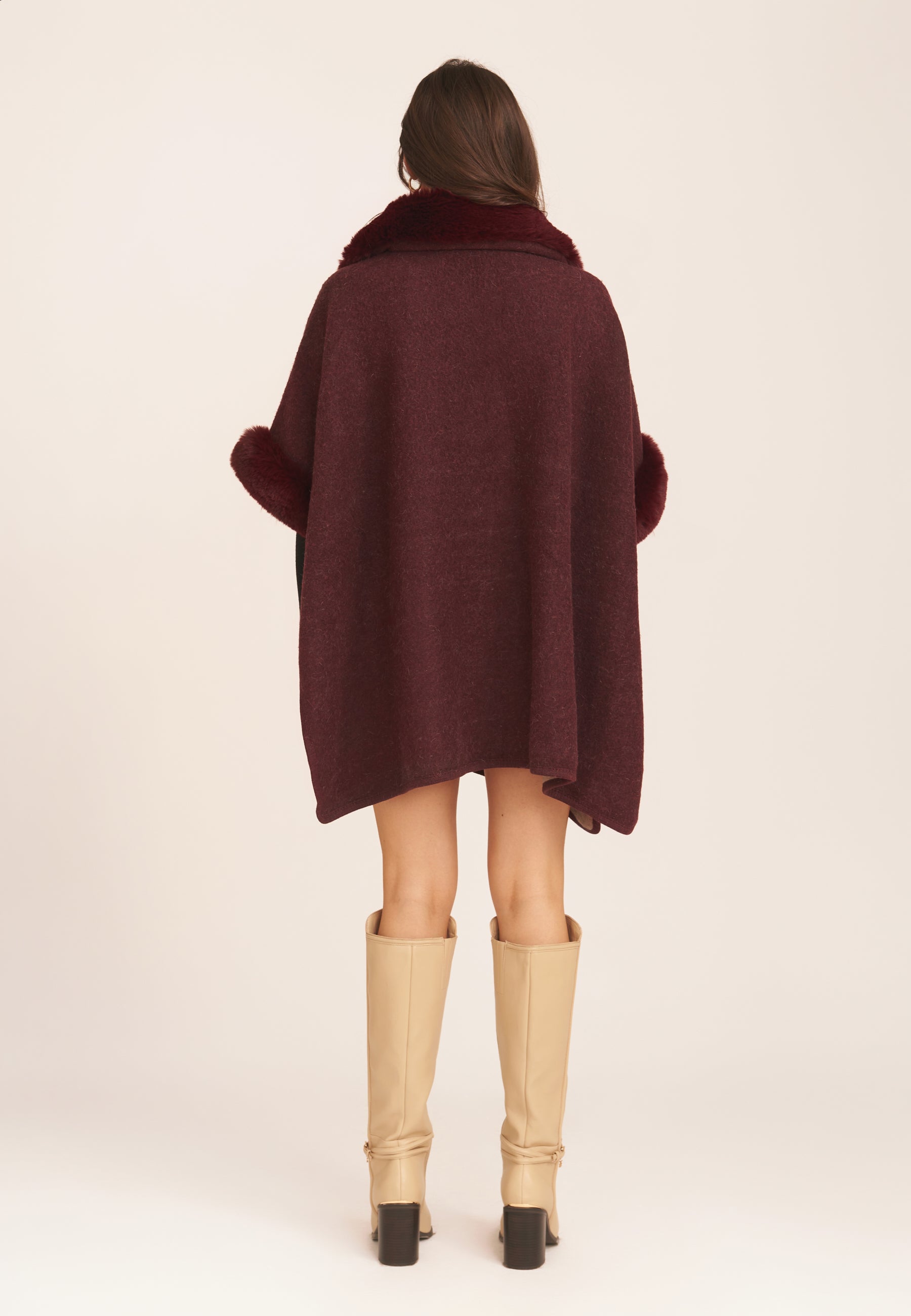 Burgundy Fur Collar Pocket Detail Cape