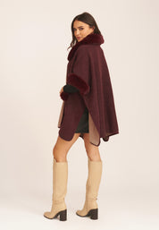 Burgundy Fur Collar Pocket Detail Cape