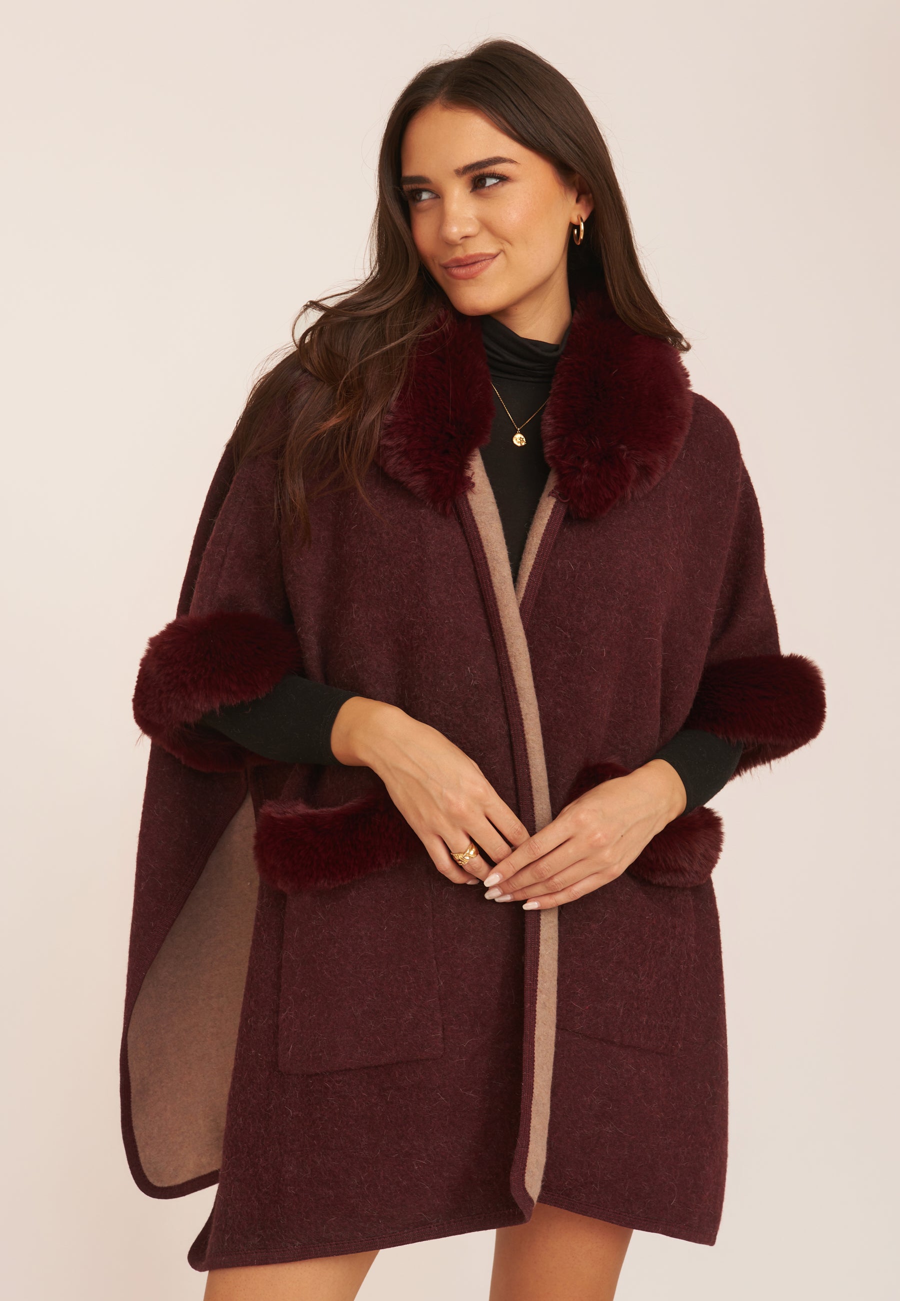 Burgundy Fur Collar Pocket Detail Cape