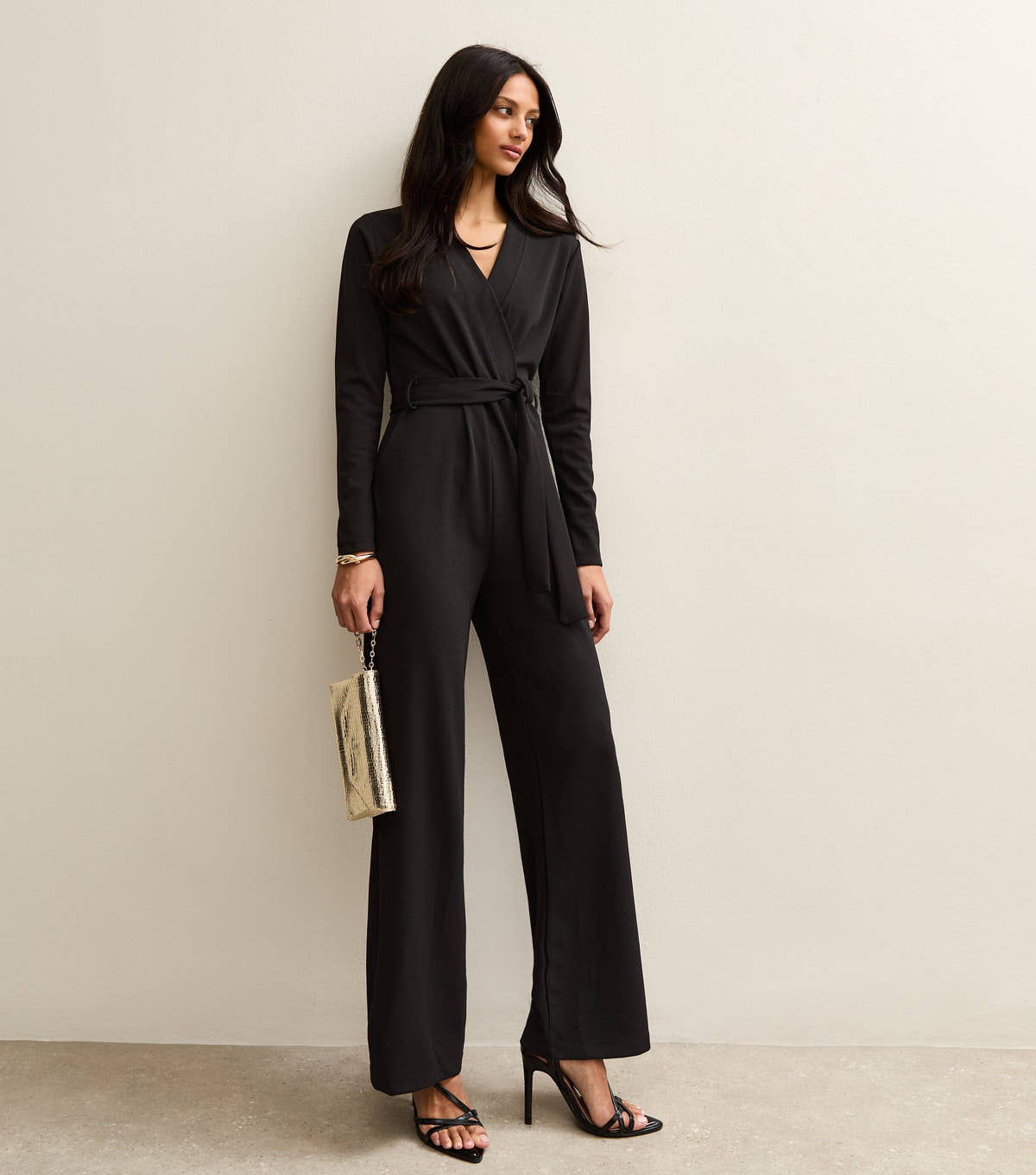 Black Jersey Wrap Elasticated Waist Belted Jumpsuit