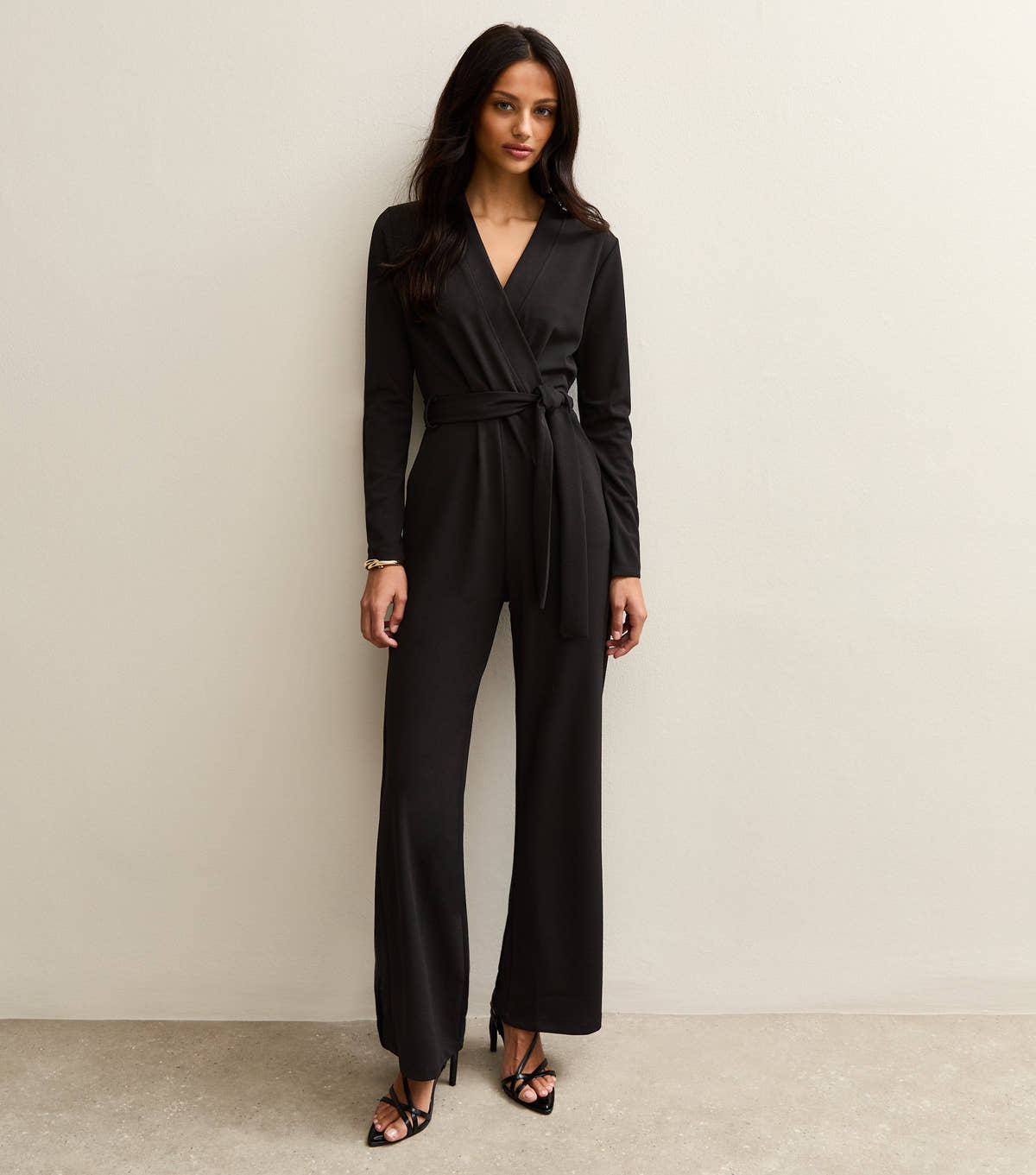 Black Jersey Wrap Elasticated Waist Belted Jumpsuit