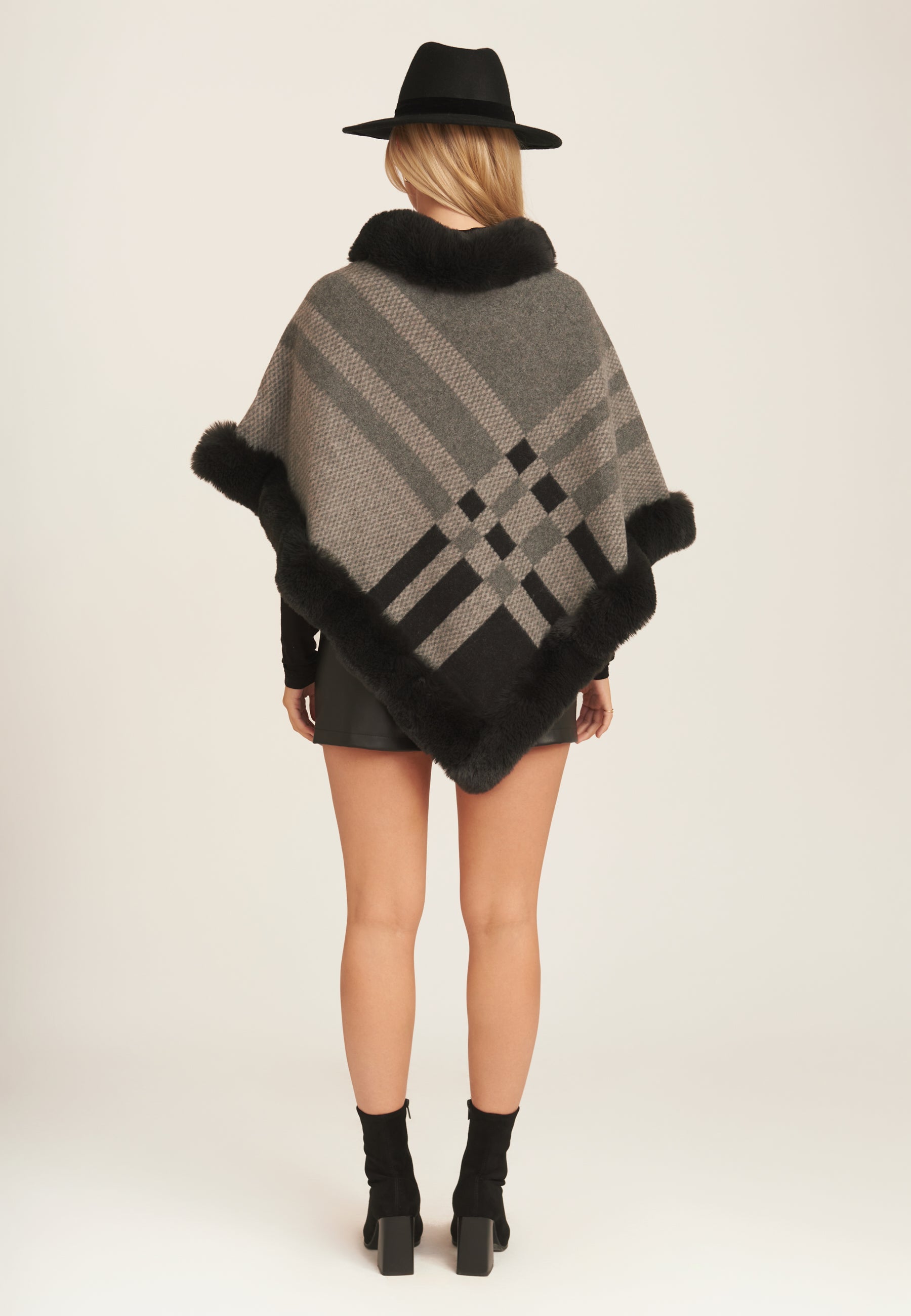 Grey Fur Trim Check Pattern Cape