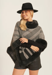 Grey Fur Trim Check Pattern Cape