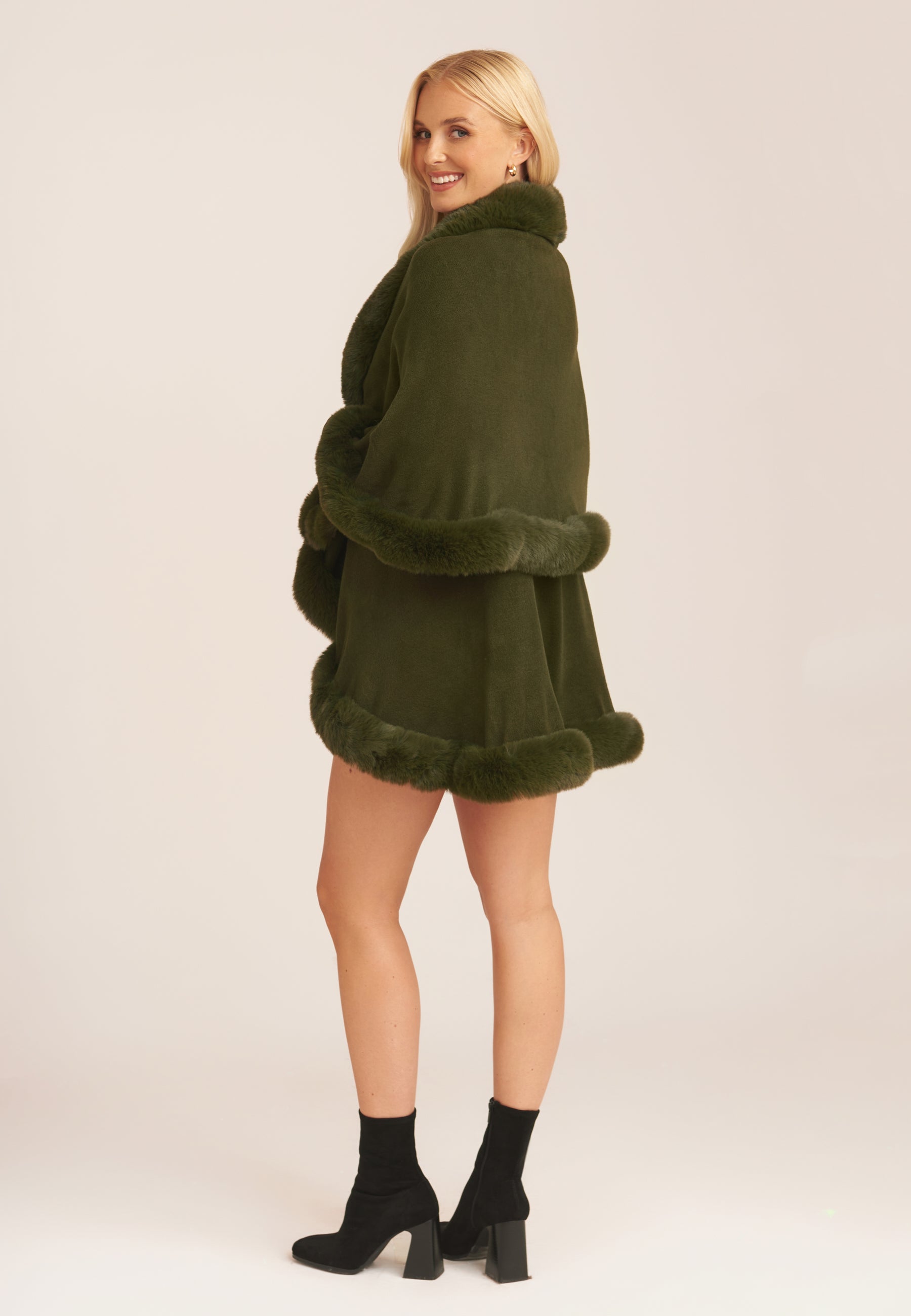 Khaki Fur Trim Double Layer Cape