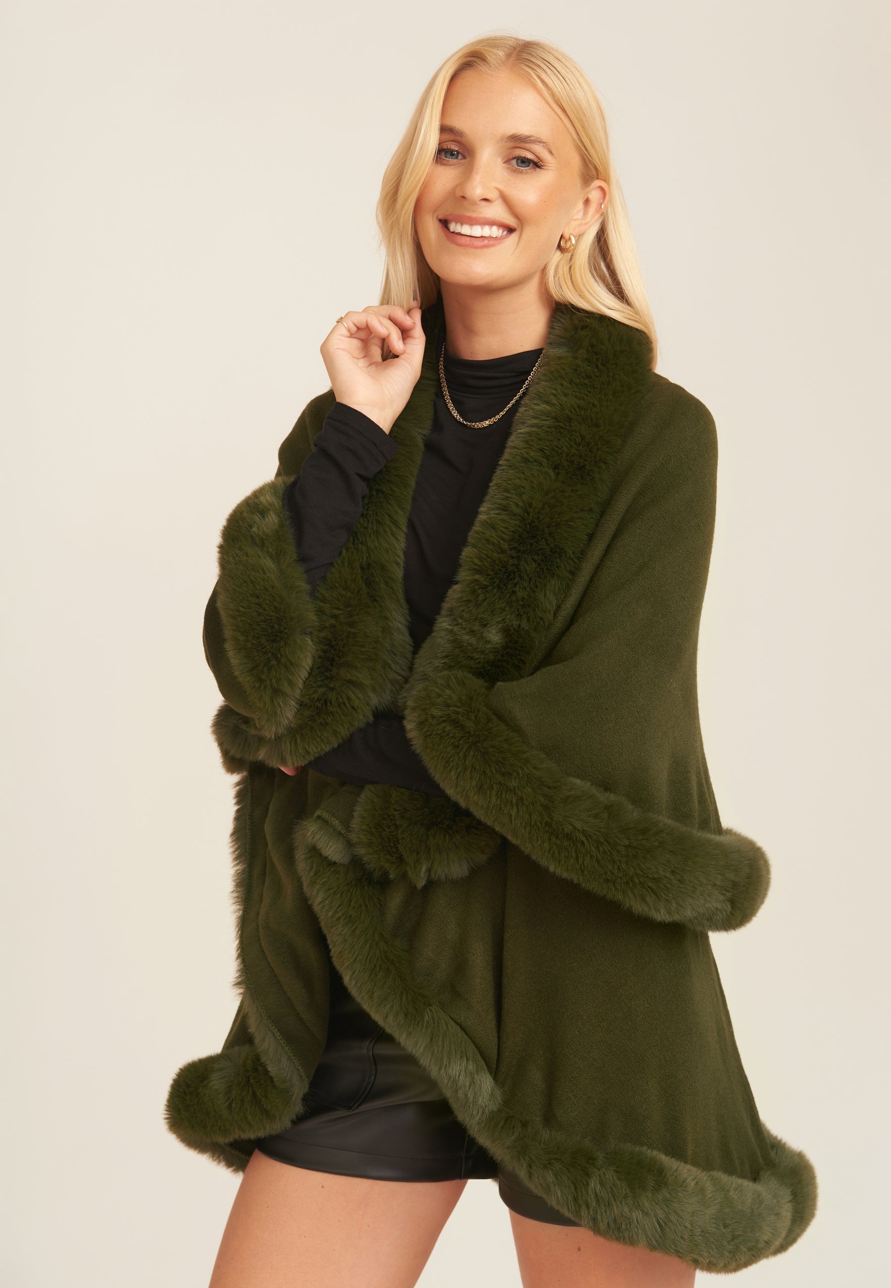 Khaki Fur Trim Double Layer Cape