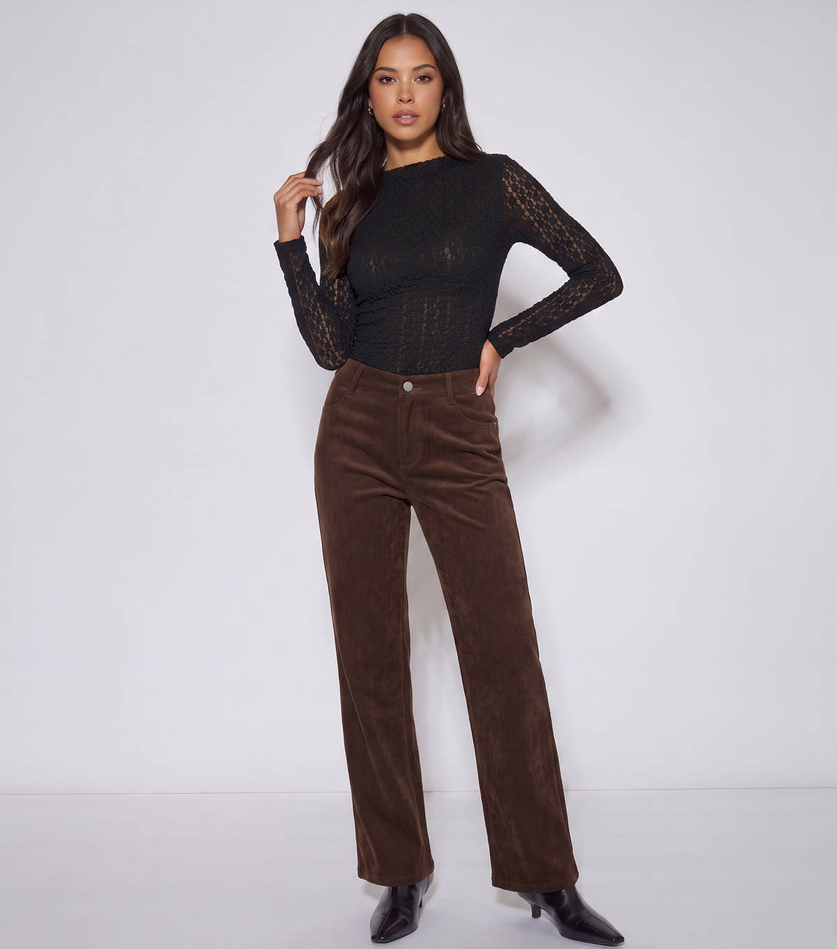 Brown Cord Straight Leg Trousers – View 1 | Gini London