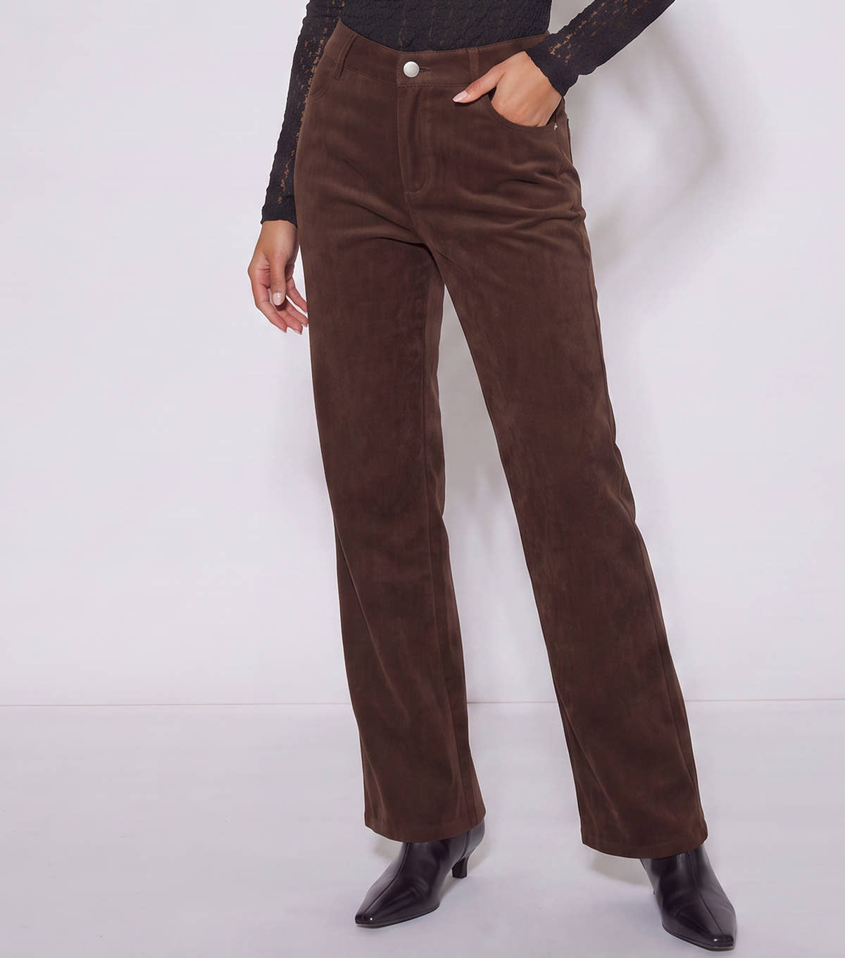 Brown Cord Straight Leg Trousers – View 3 | Gini London