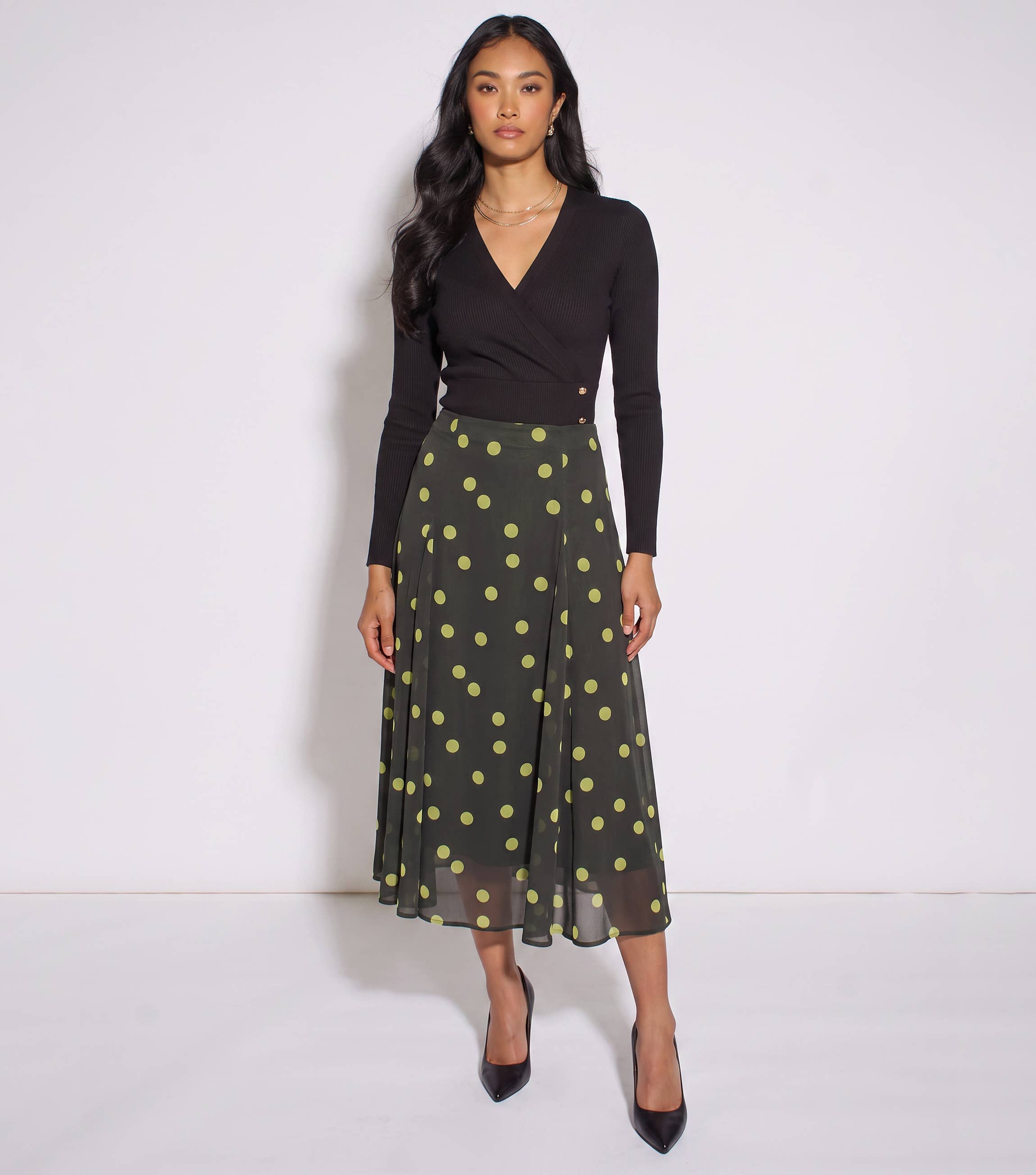 Green Lime Spot Satin Godet Midi Skirt