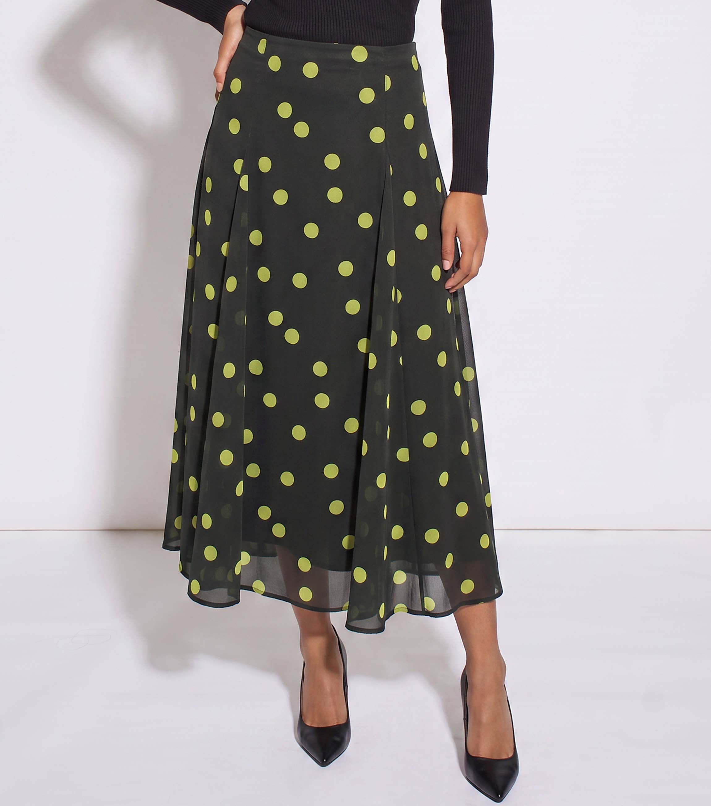 Green Lime Spot Satin Godet Midi Skirt