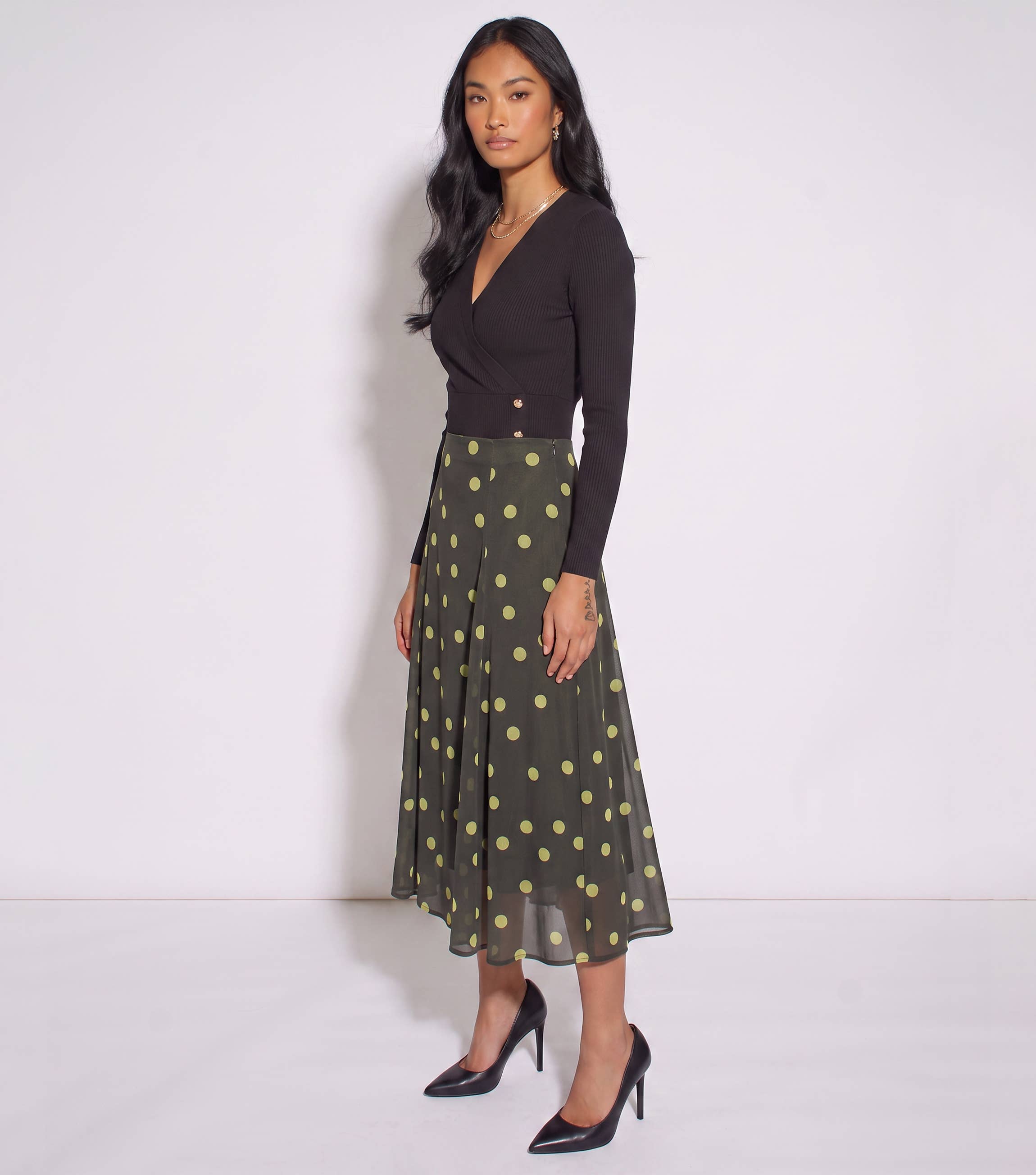 Green Lime Spot Satin Godet Midi Skirt
