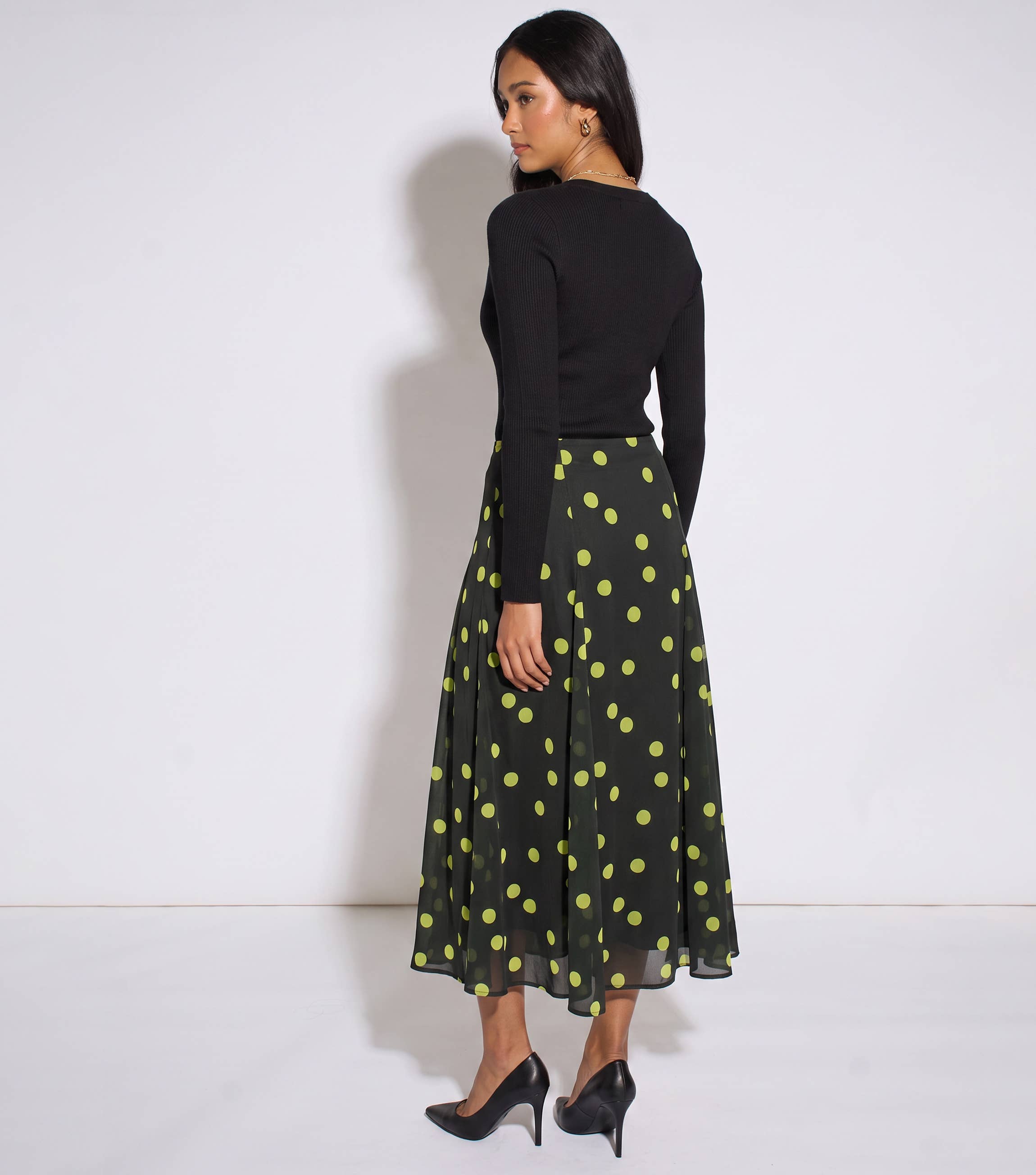 Green Lime Spot Satin Godet Midi Skirt