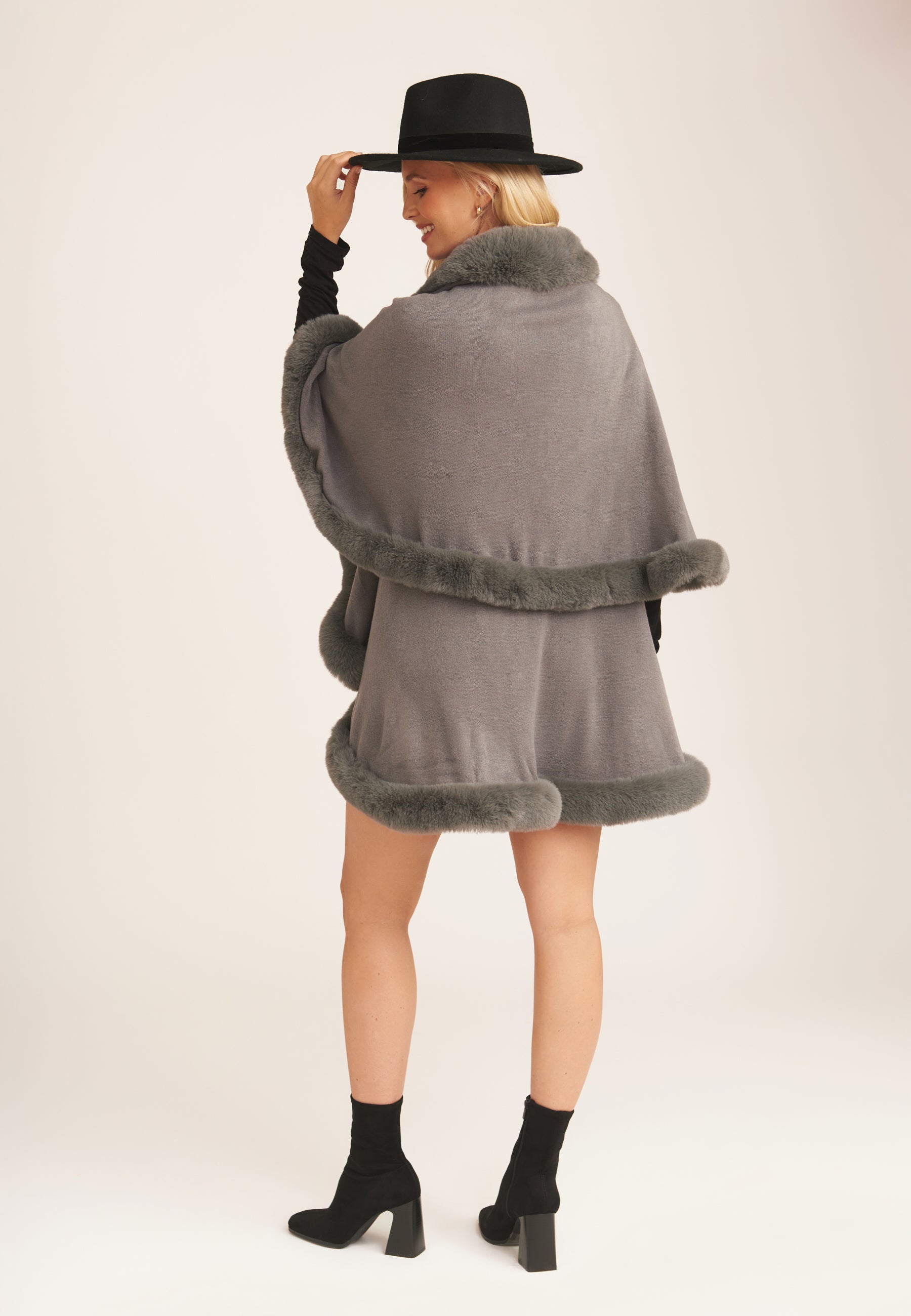 Dark Grey Fur Trim Double Layer Cape