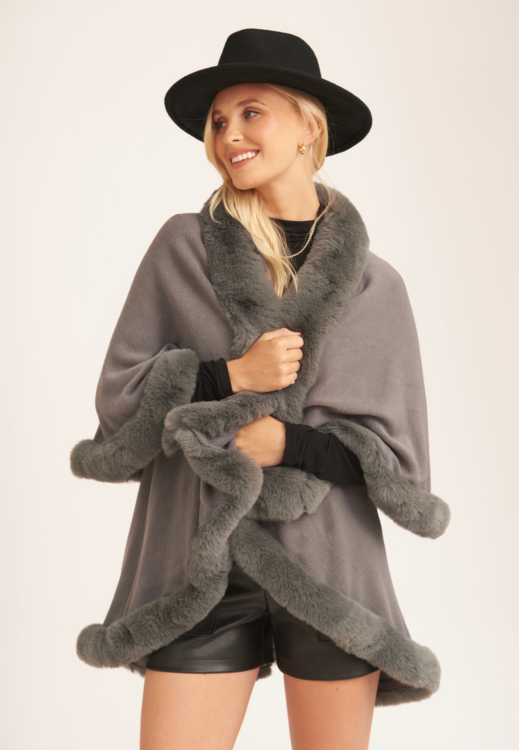 Dark Grey Fur Trim Double Layer Cape