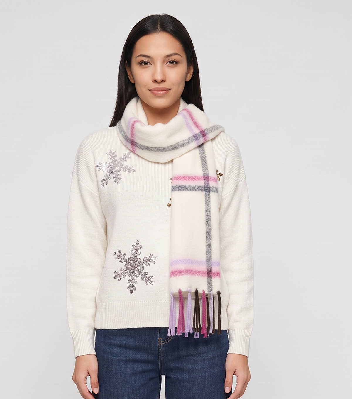 Multi Ladies Check Scarf With Tassel Fringe