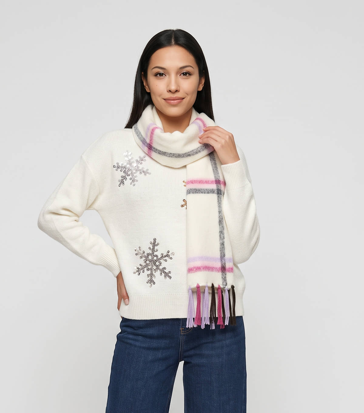 Multi Ladies Check Scarf With Tassel Fringe