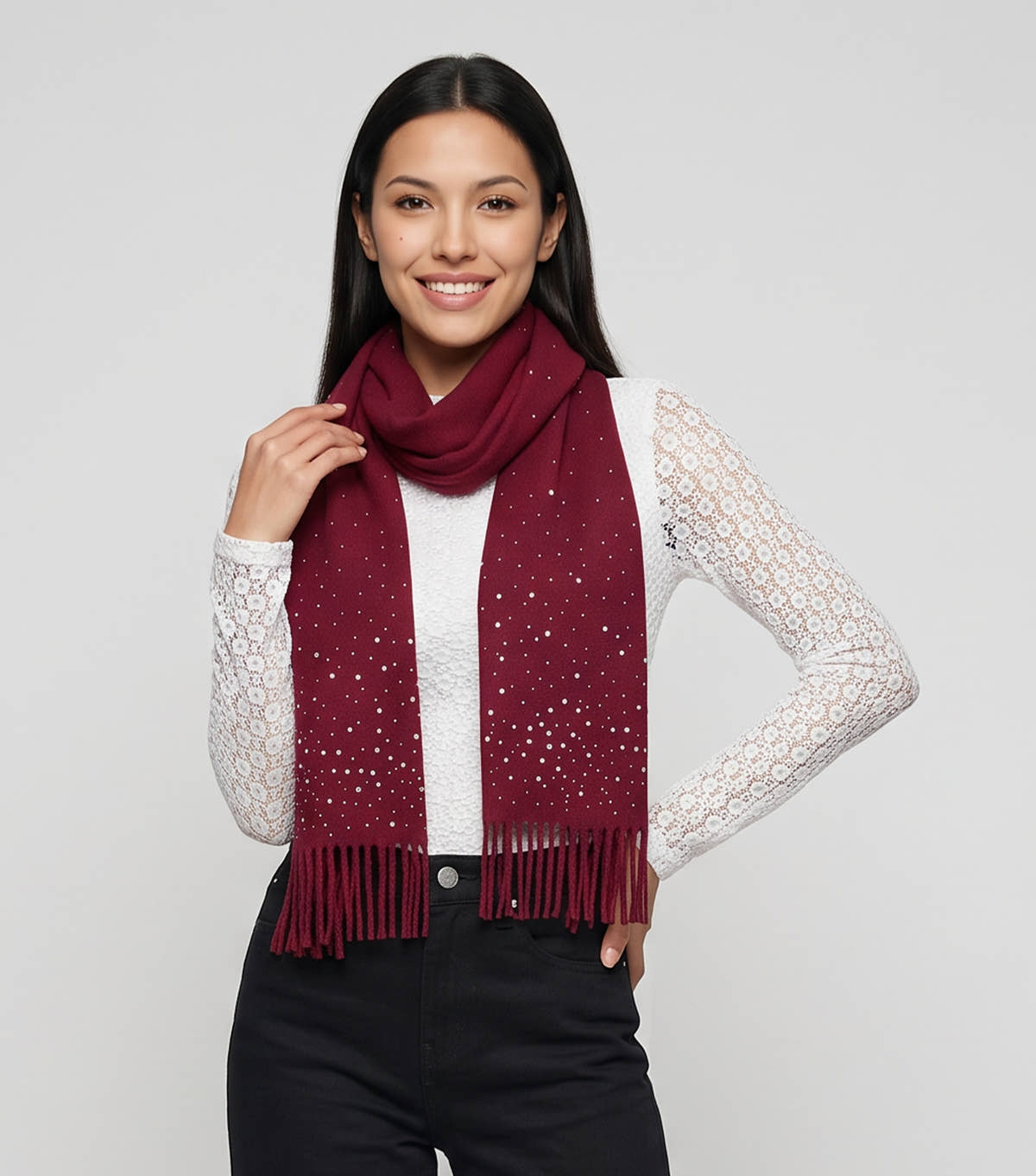 Burgundy Ladies Embellished Tassel Scarf