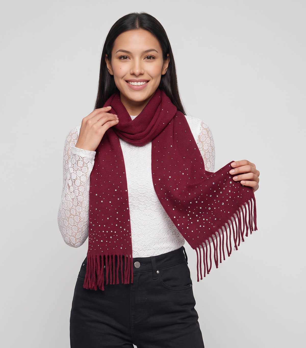 Burgundy Ladies Embellished Tassel Scarf