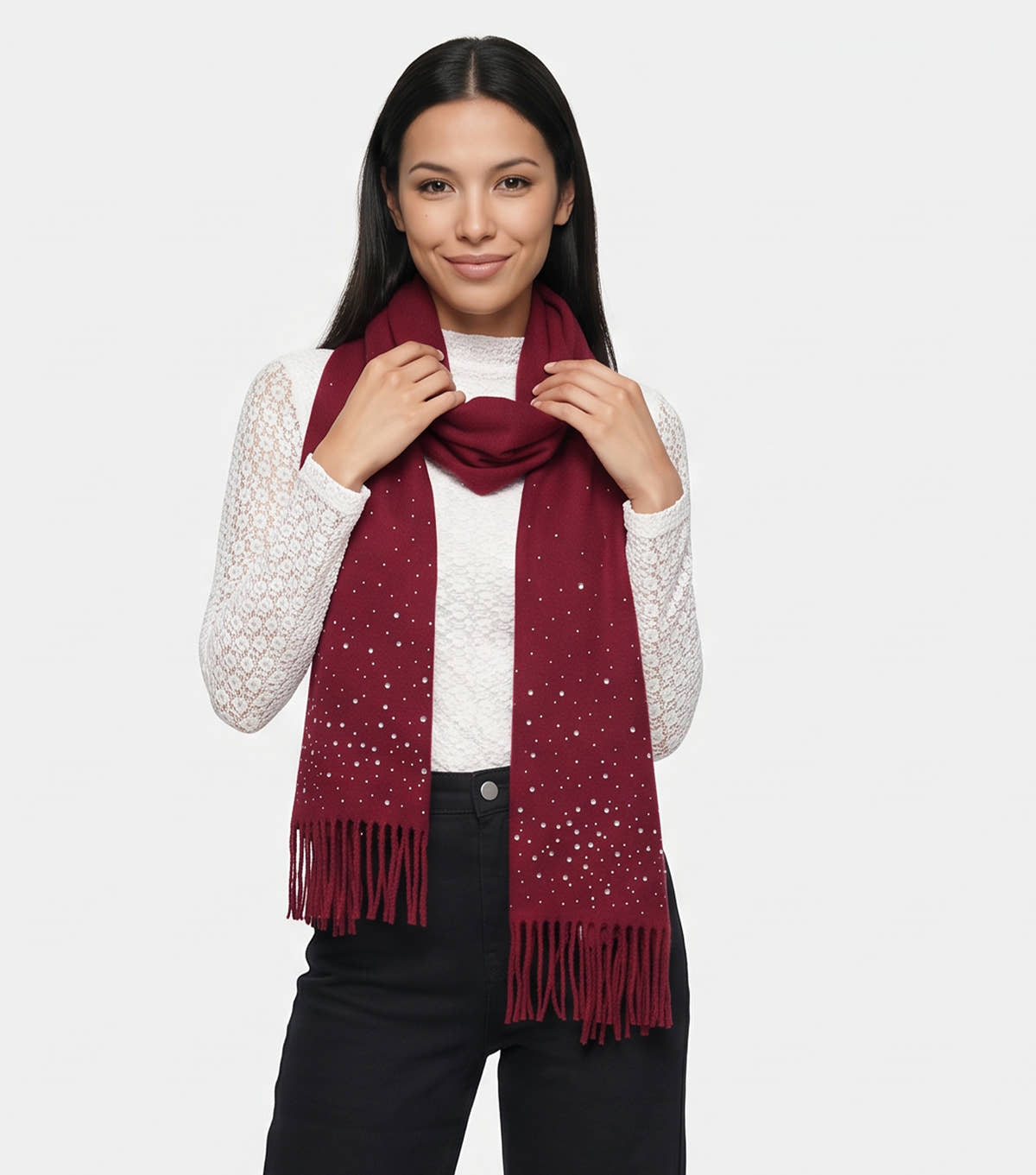 Burgundy Ladies Embellished Tassel Scarf