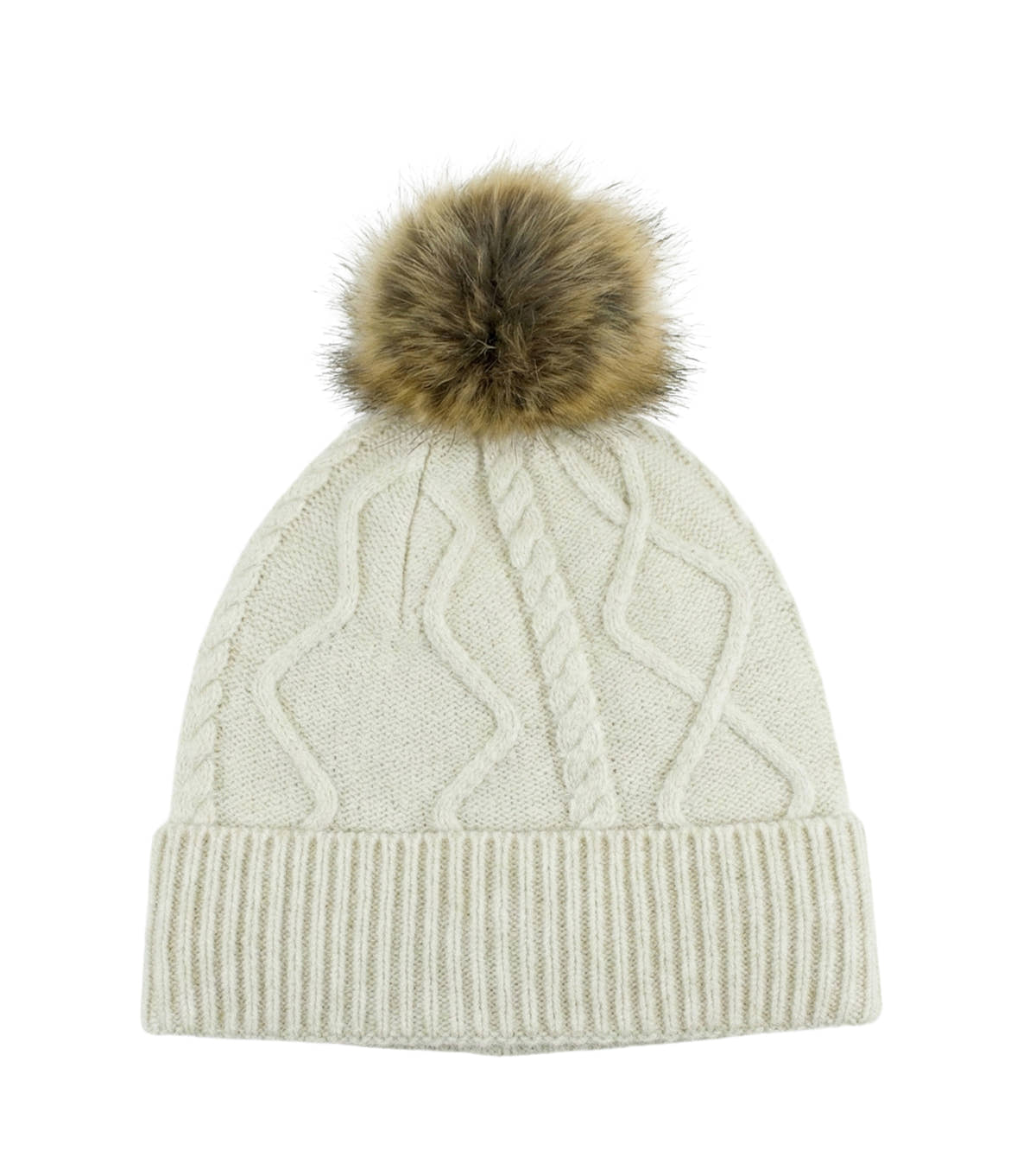 Beige Ladies Cable Knit Pom Beanie Hat