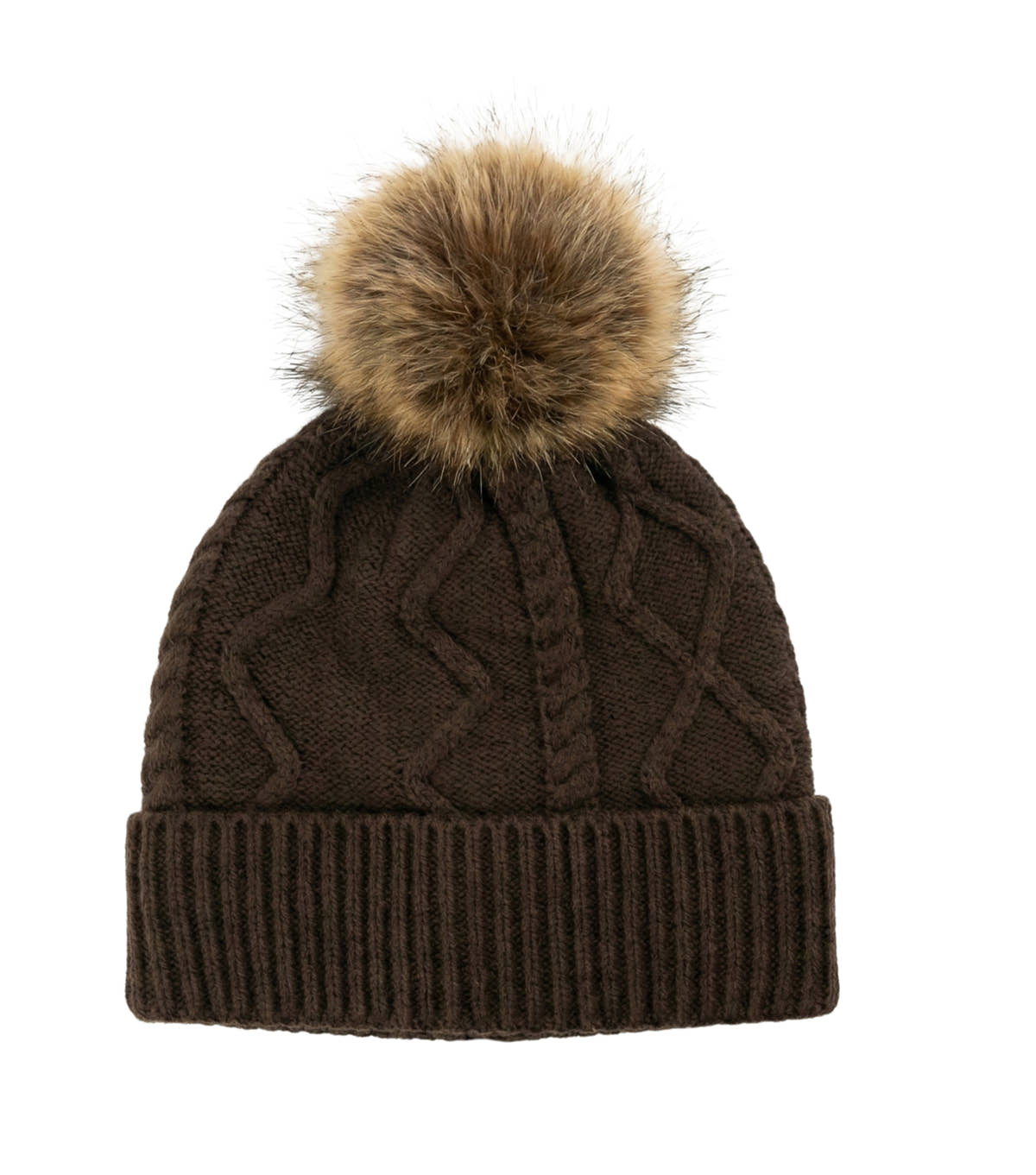 Brown Ladies Cable Knit Pom Beanie Hat