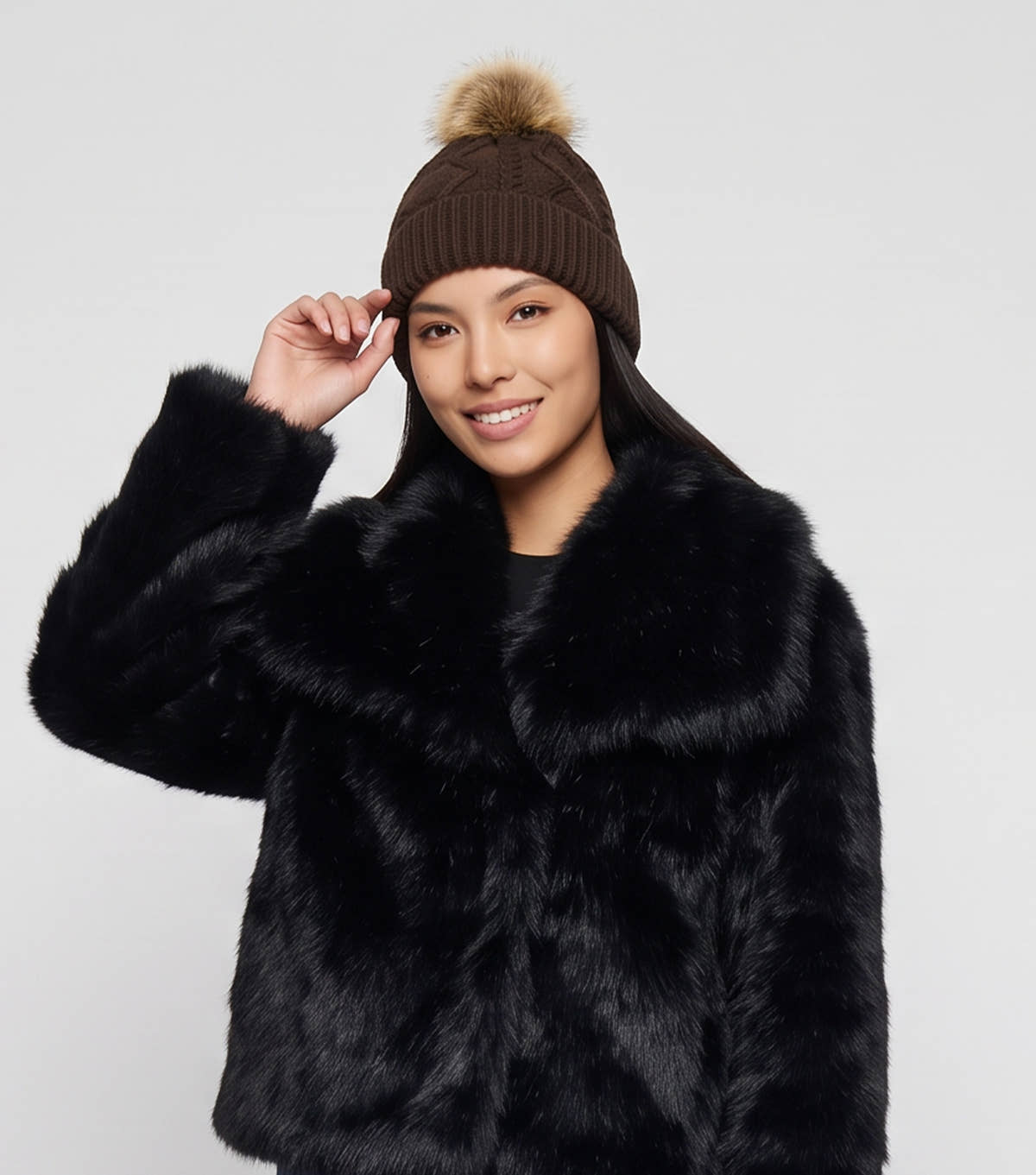Brown Ladies Cable Knit Pom Beanie Hat