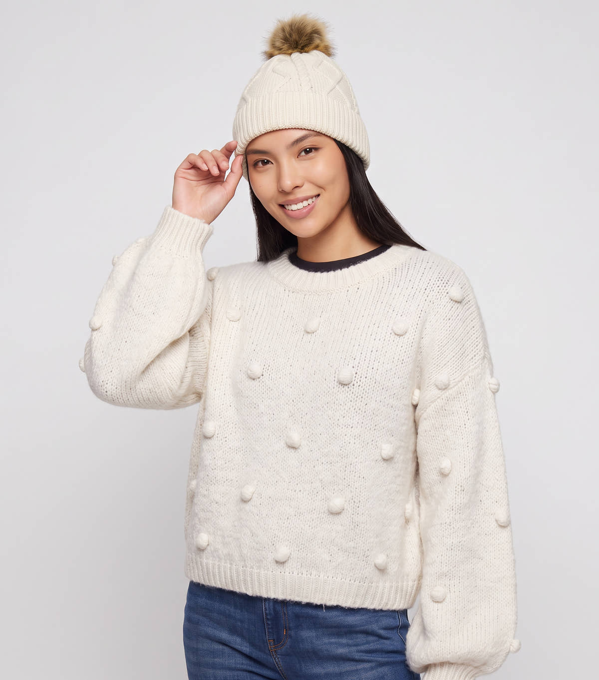 Beige Ladies Cable Knit Pom Beanie Hat