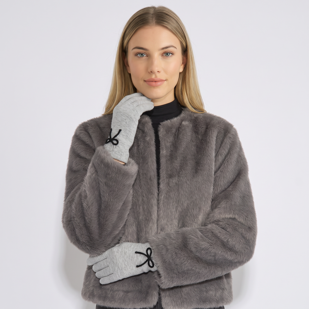 Grey Bow Detail Knit Gloves