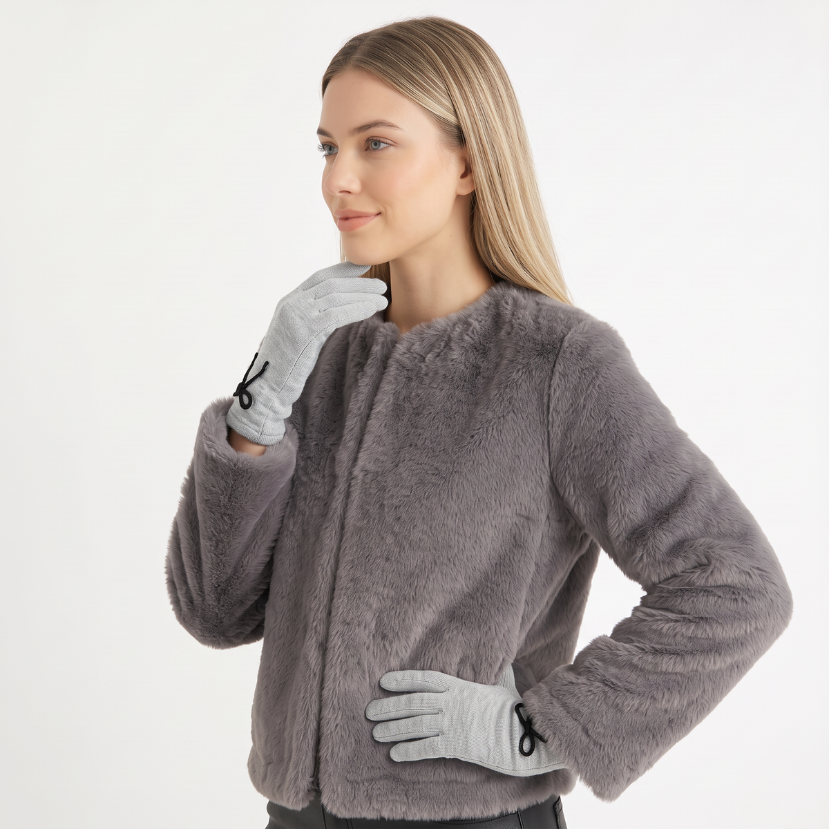 Grey Bow Detail Knit Gloves