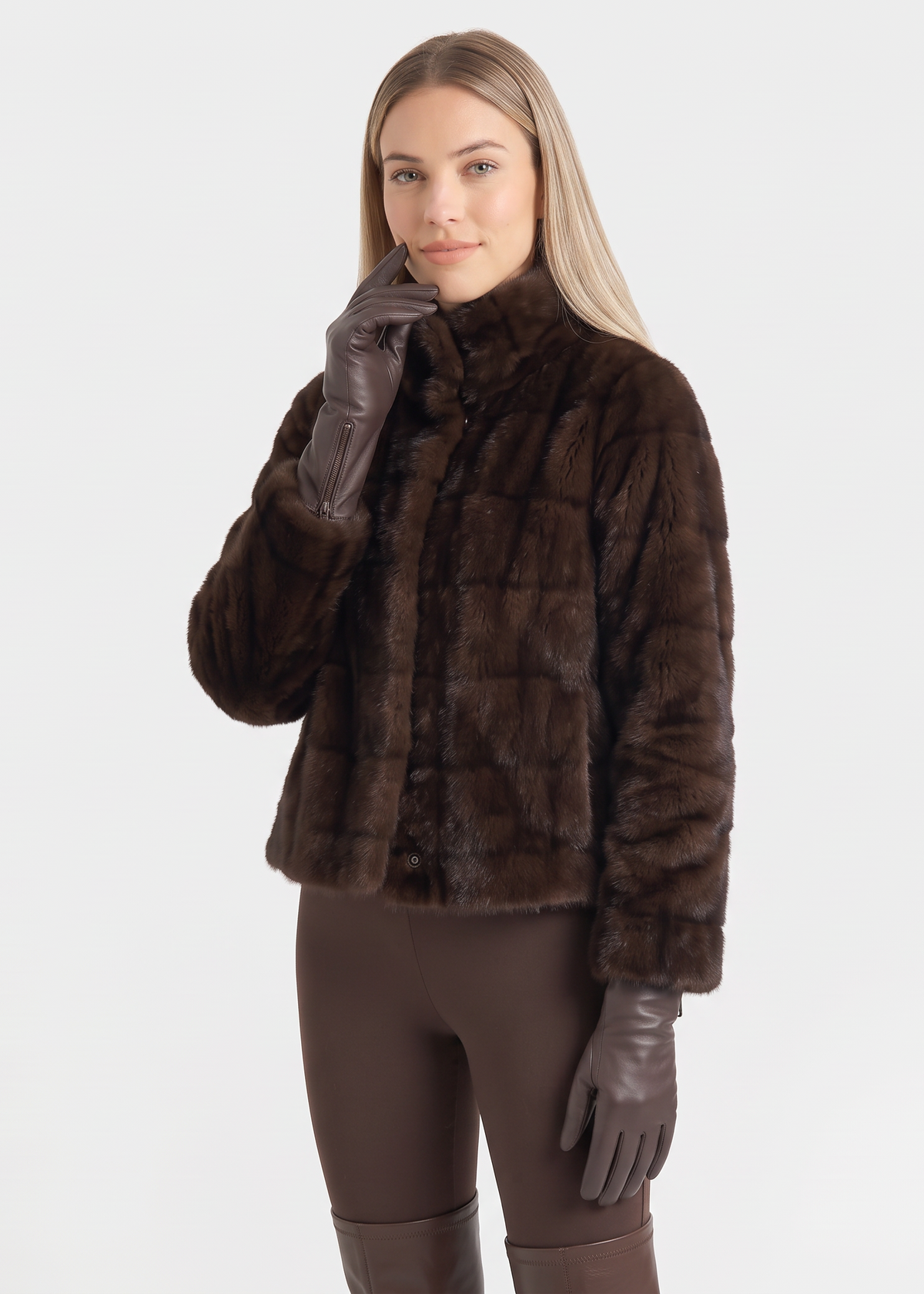 Brown Ladies Faux Leather Side Zip Gloves