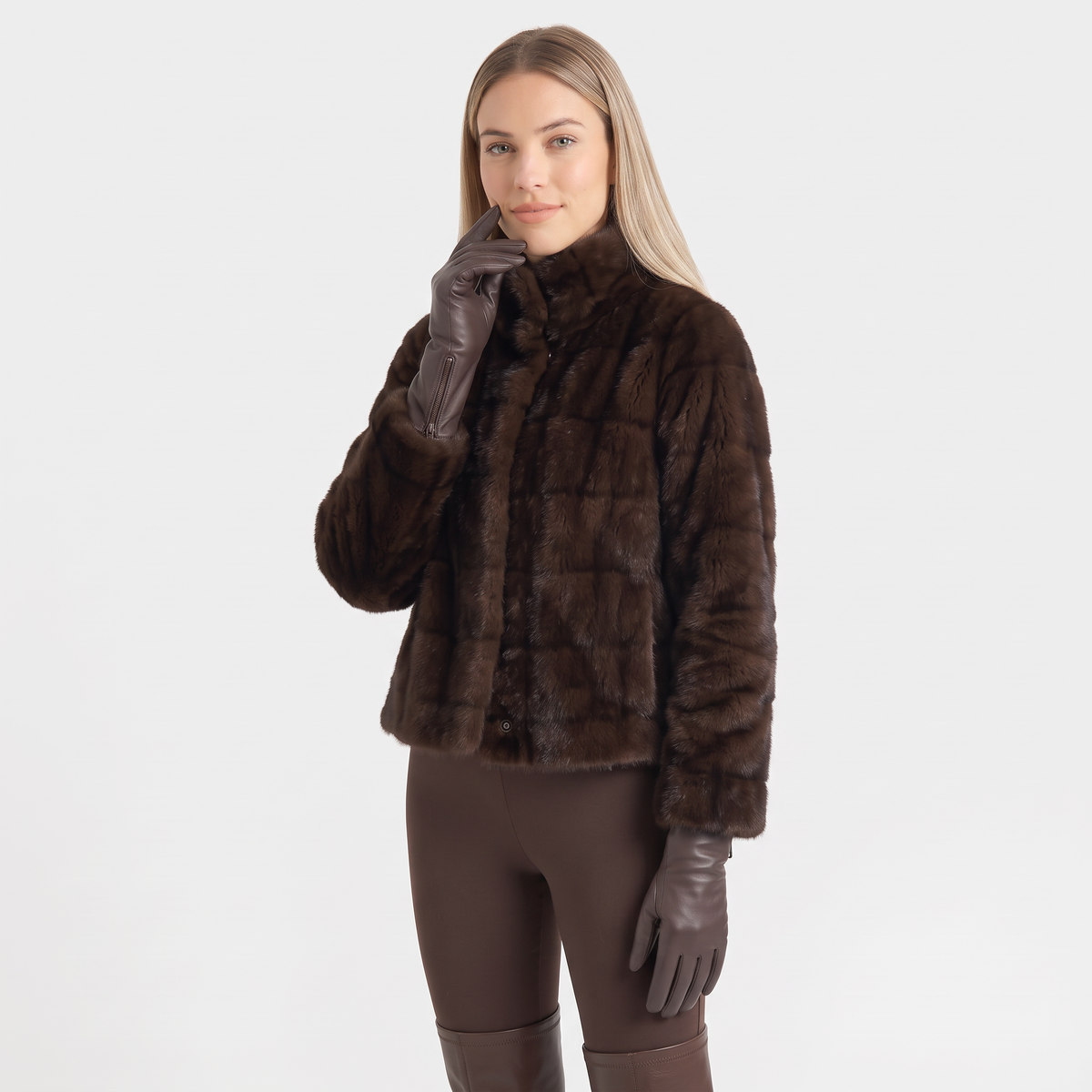 Brown Ladies Faux Leather Side Zip Gloves