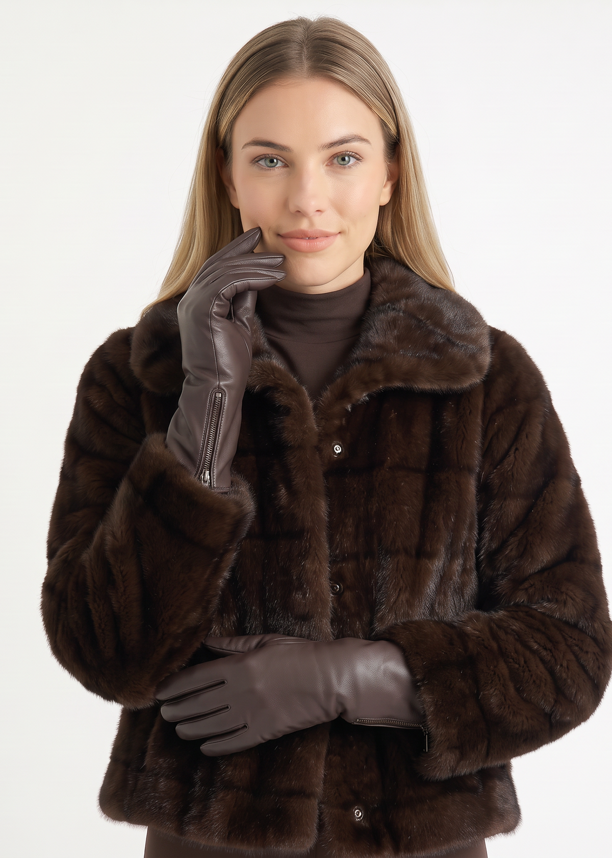 Brown Ladies Faux Leather Side Zip Gloves 2