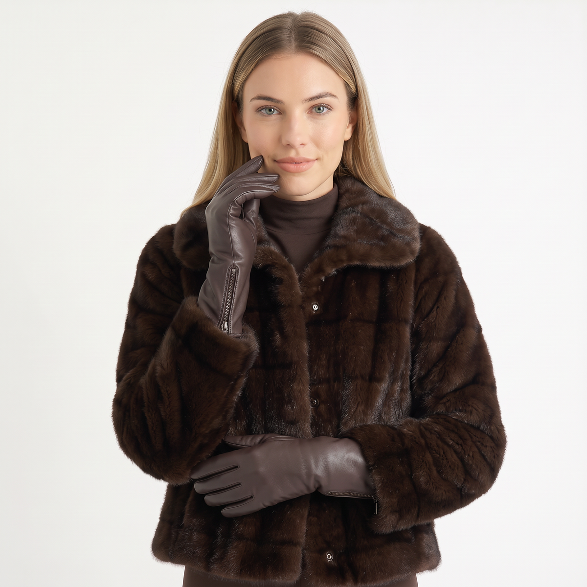 Brown Ladies Faux Leather Side Zip Gloves