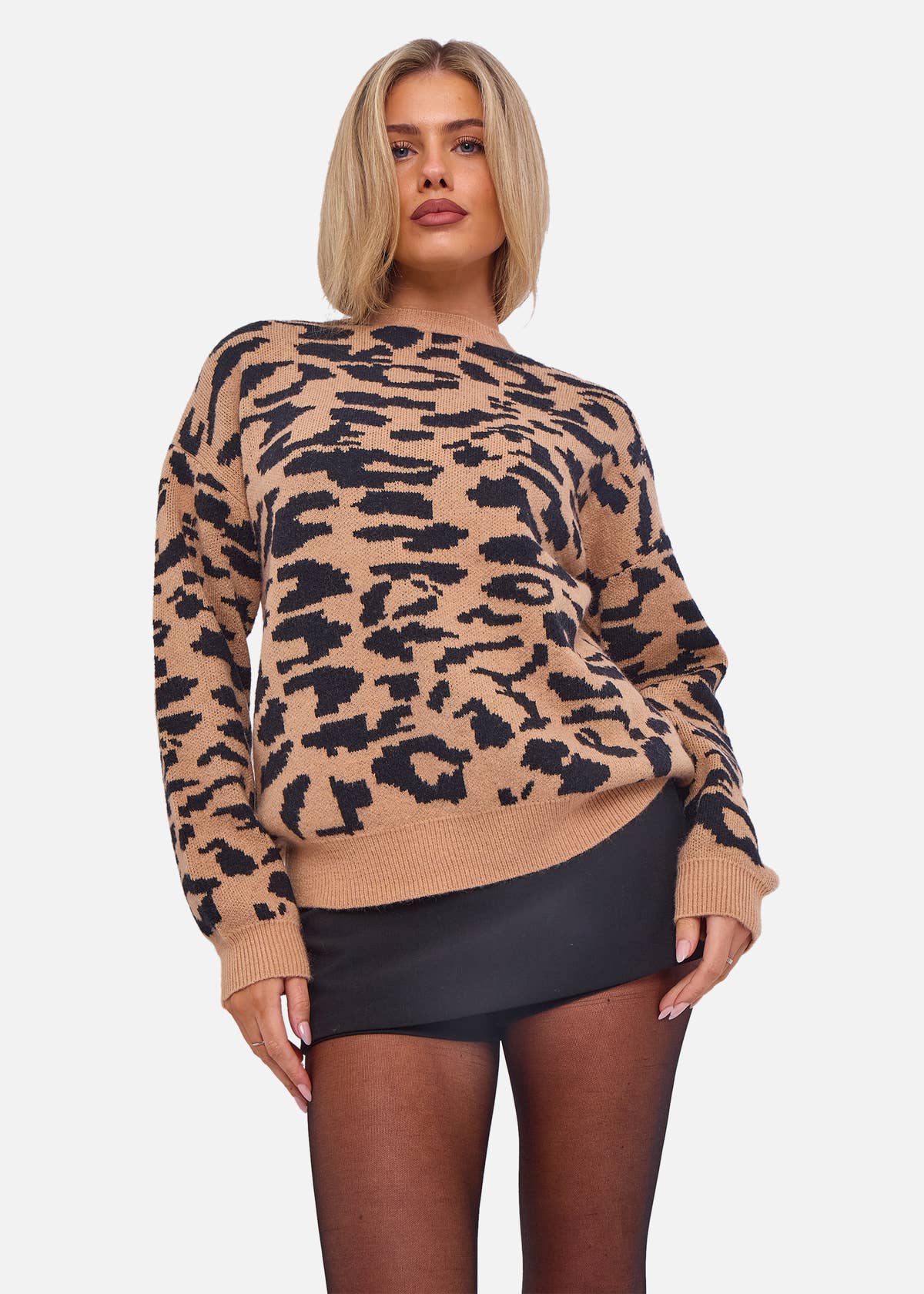 Camel Animal Print Crew Neck Knit Jumper – View 1 | Gini London
