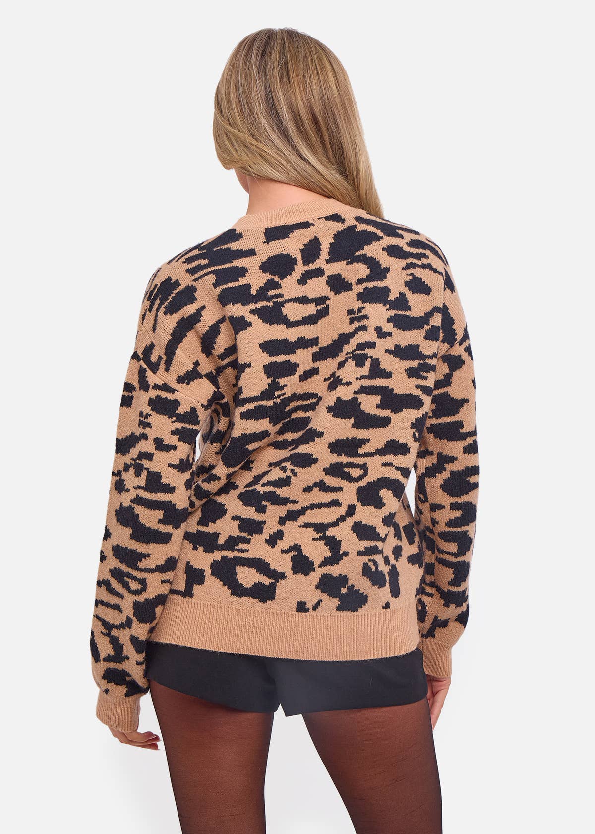 Camel Animal Print Crew Neck Knit Jumper – View 2 | Gini London